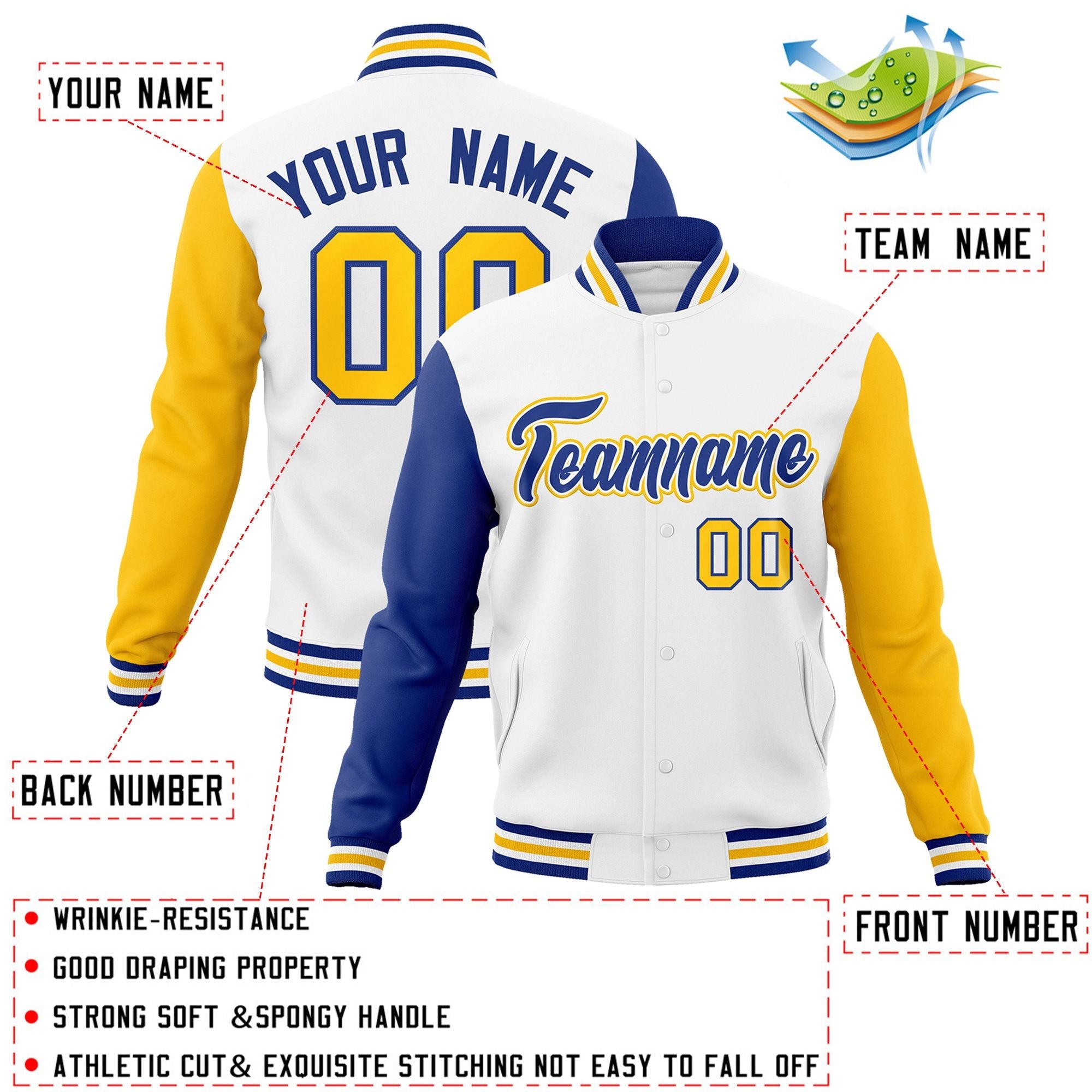 Custom White Royal-White Raglan Sleeves Varsity Full-Snap Letterman Jacket