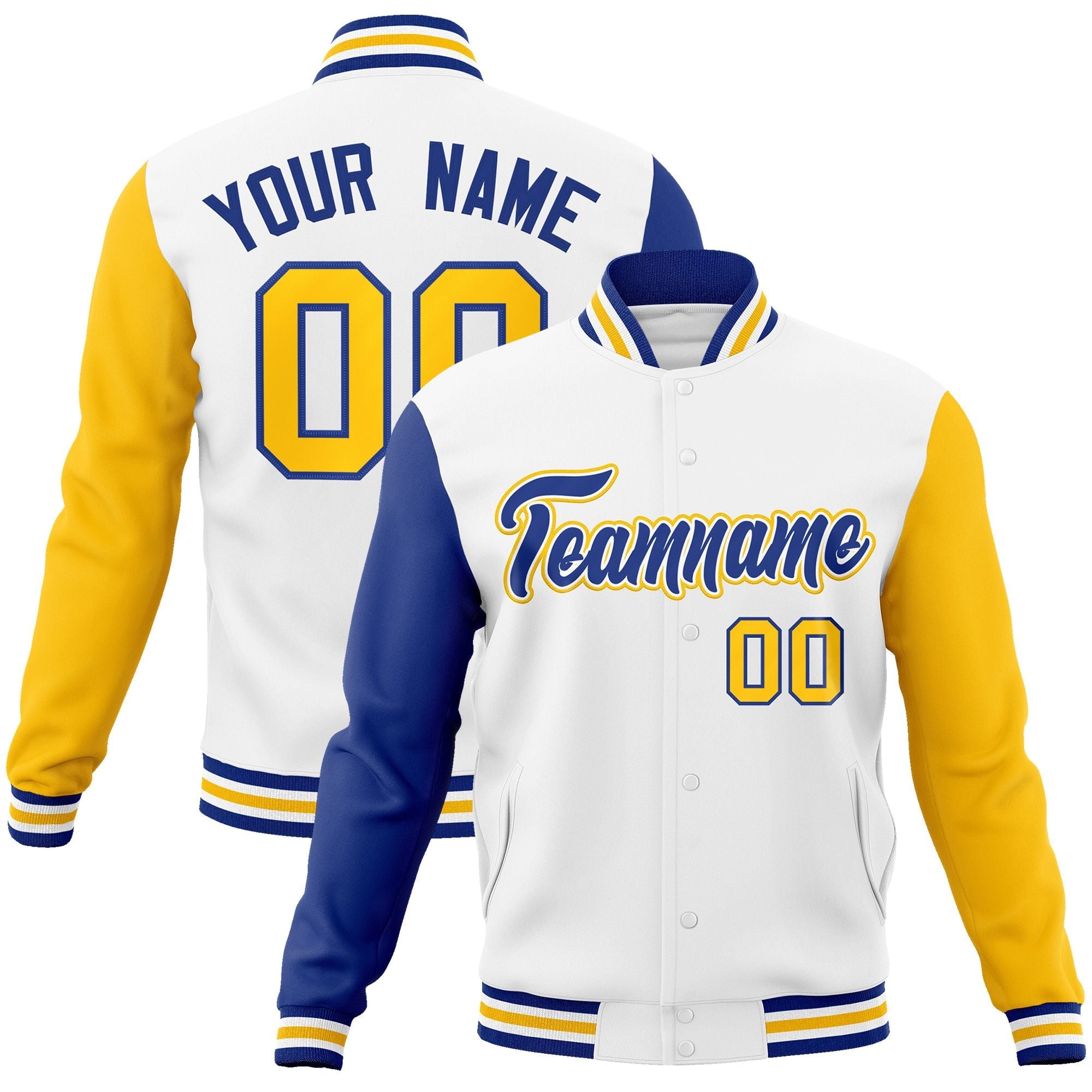 Custom White Royal-White Raglan Sleeves Varsity Full-Snap Letterman Jacket