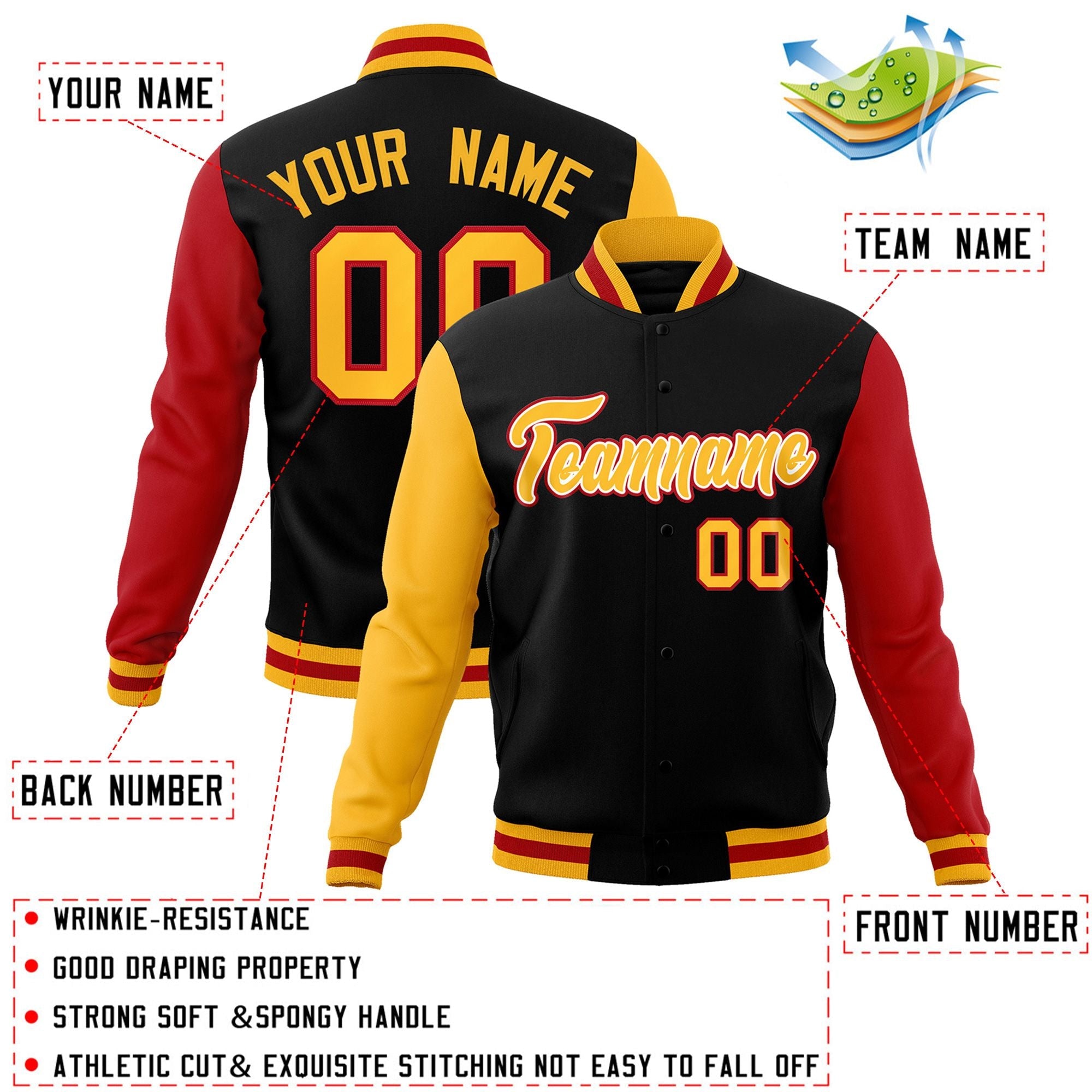 Custom Black Gold-White Raglan Sleeves Varsity Full-Snap Letterman Jacket