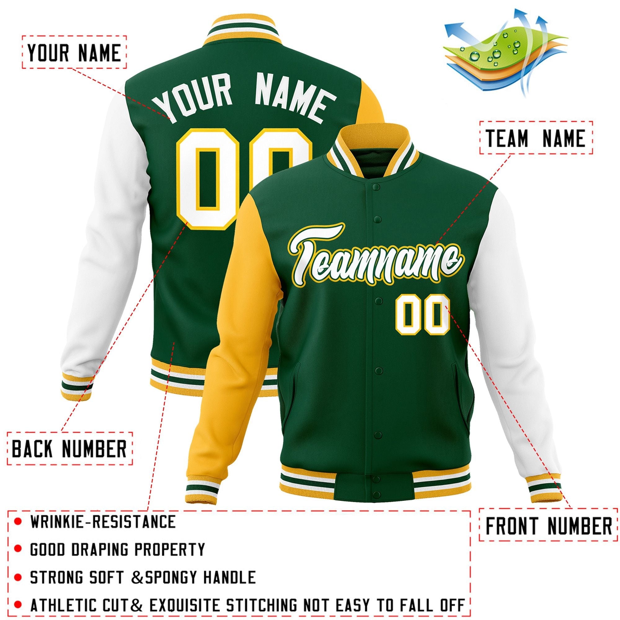 Veste Letterman Varsity Full-Snap à manches raglan personnalisées vert blanc-vert