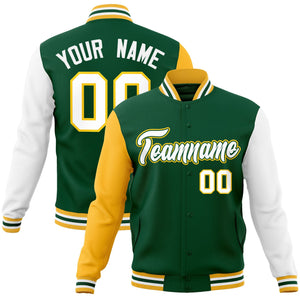 Custom Green White-Green Raglan Sleeves Varsity Full-Snap Letterman Jacket