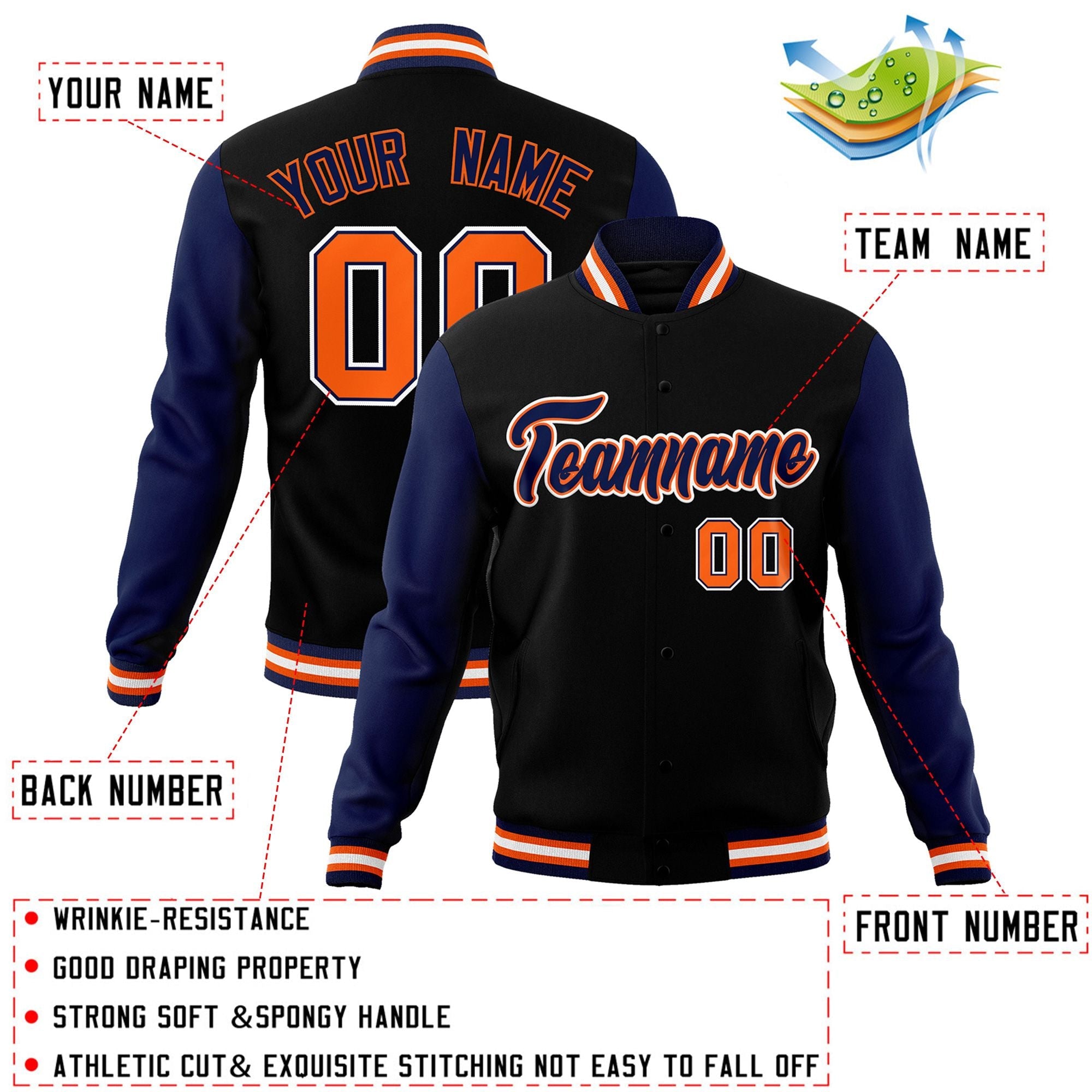 Custom Black Navy-Orange Raglan Sleeves Varsity Full-Snap Letterman Jacket