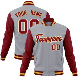 Custom Gray Crimson-Khaki Raglan Sleeves Varsity Full-Snap Letterman Jacket