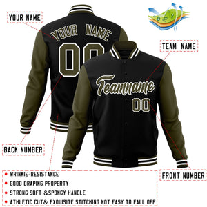 Custom Black Olive-White Raglan Sleeves Varsity Full-Snap Letterman Jacket