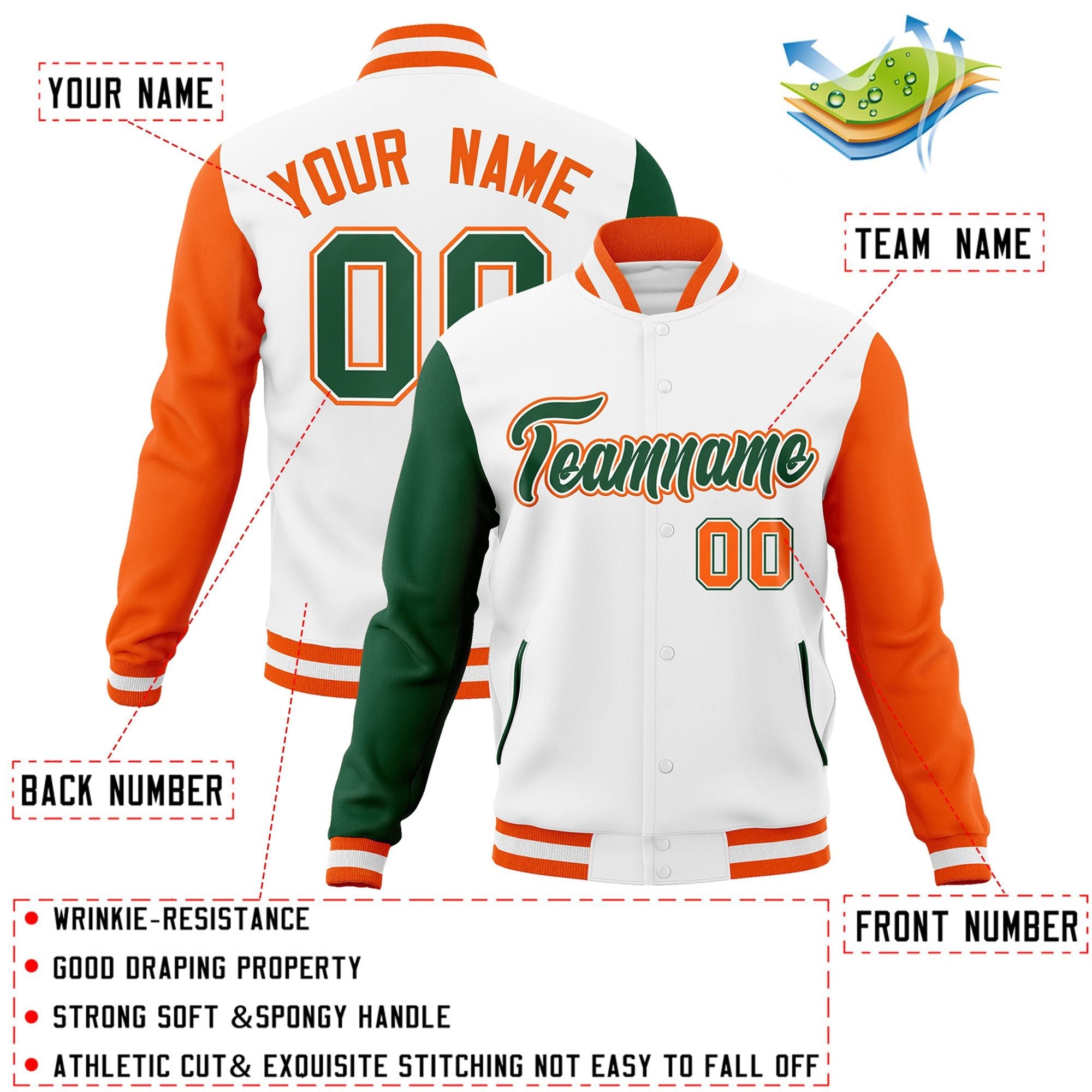 Custom White Green-White Raglan Sleeves Varsity Full-Snap Letterman Jacket