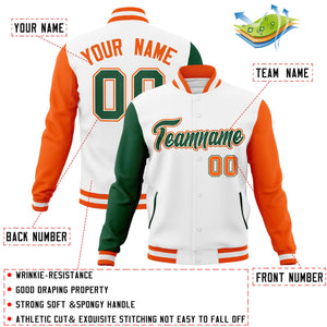 Veste Letterman Varsity Full-Snap personnalisée à manches raglan blanc vert-blanc