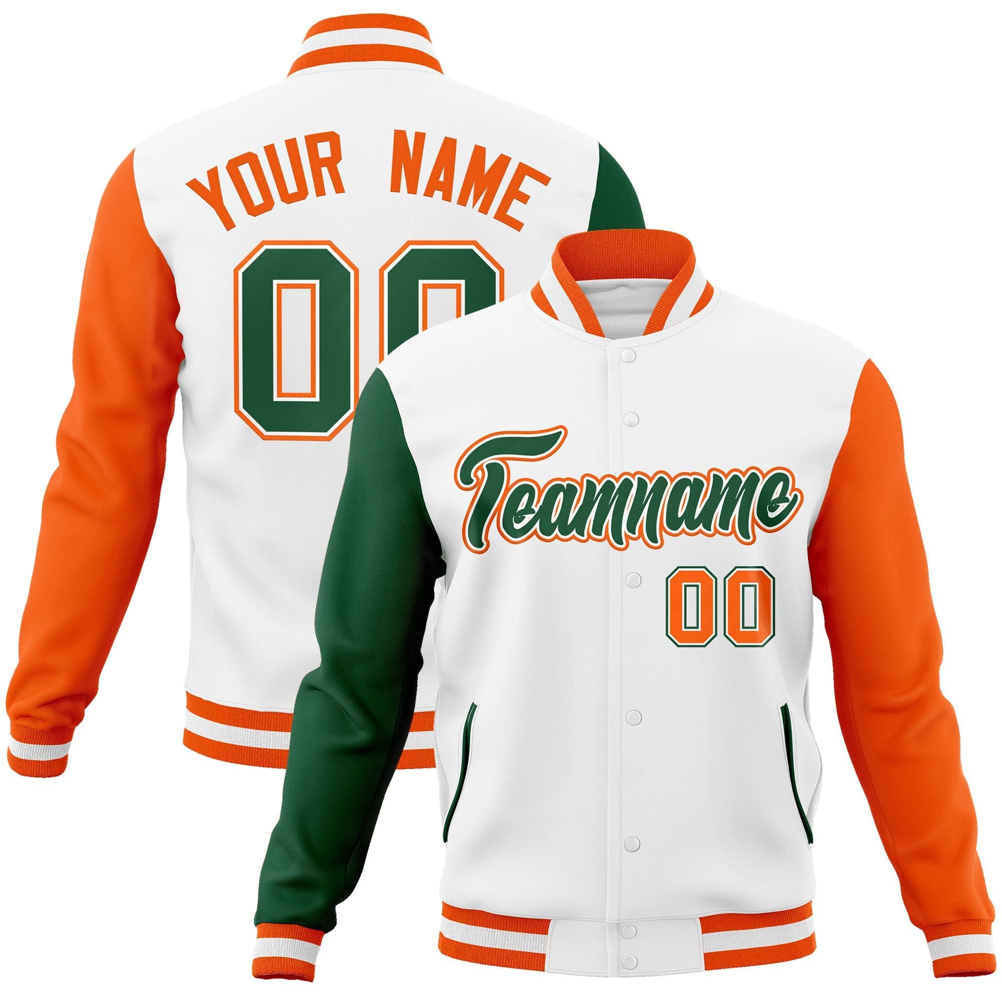 Custom White Green-White Raglan Sleeves Varsity Full-Snap Letterman Jacket