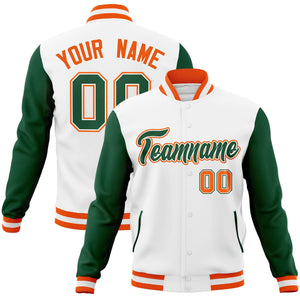 Custom White Green-White Raglan Sleeves Varsity Full-Snap Letterman Jacket