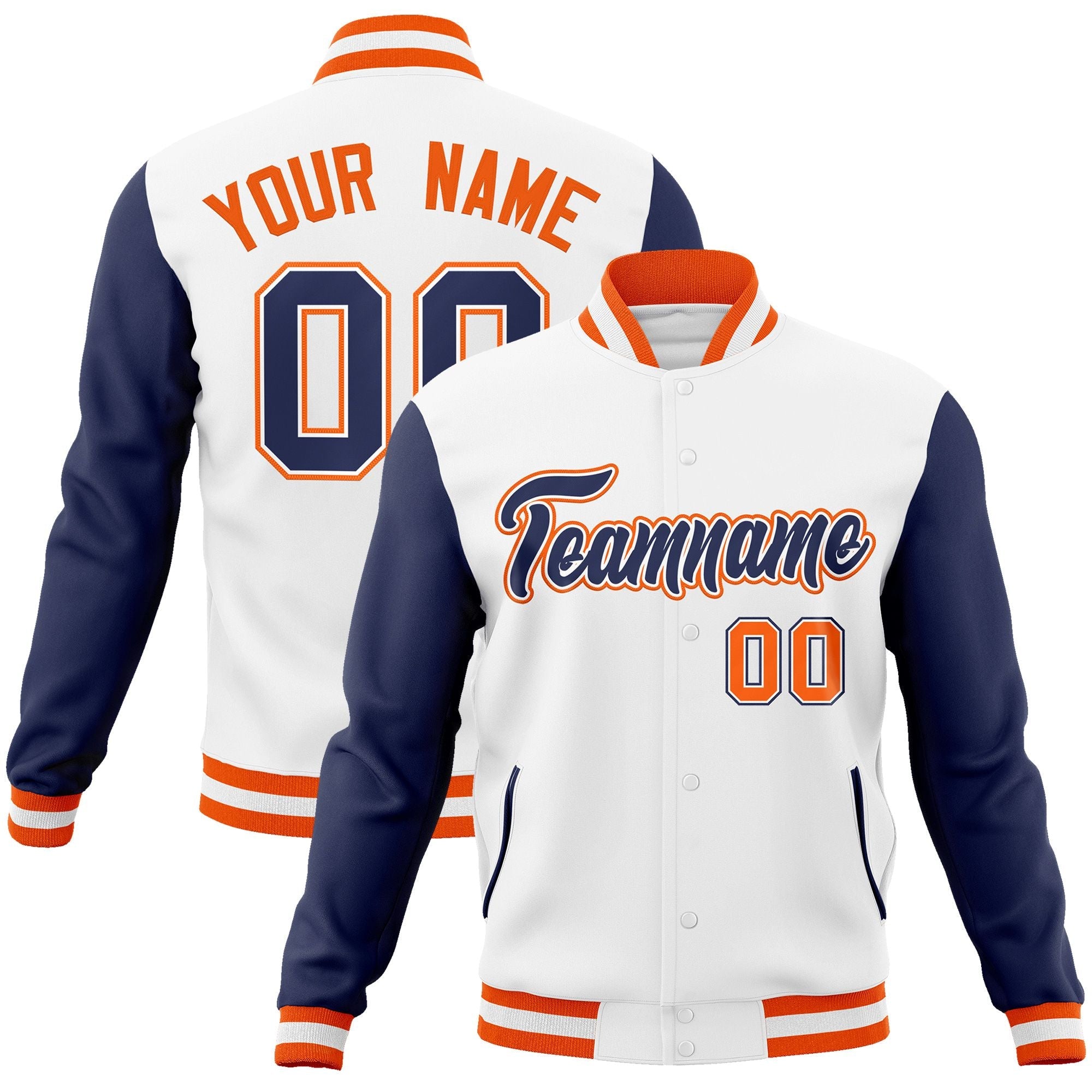 Custom White Navy-White Raglan Sleeves Varsity Full-Snap Letterman Jacket