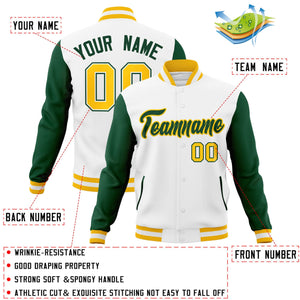 Custom White Green-Gold Raglan Sleeves Varsity Full-Snap Letterman Jacket