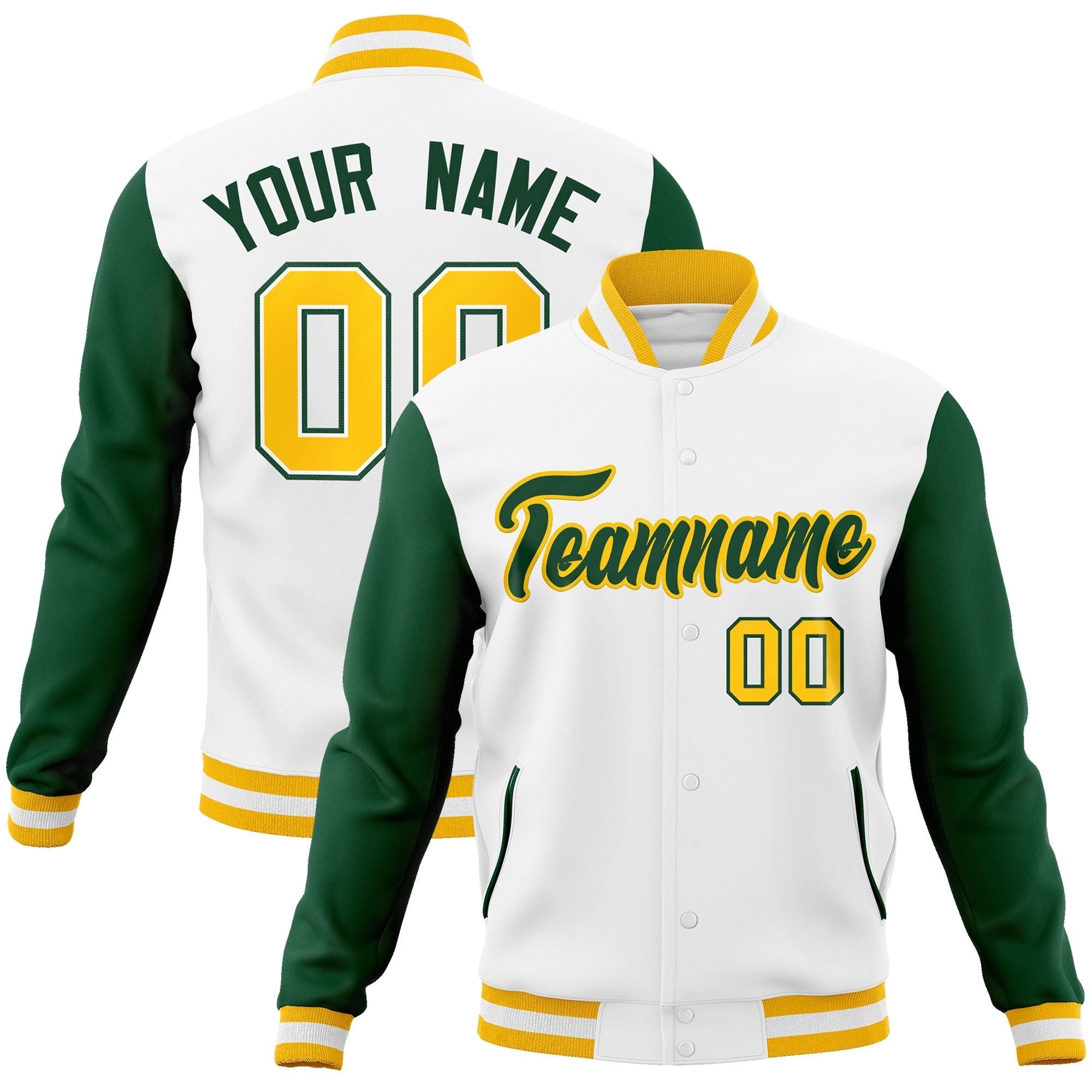 Custom White Green-Gold Raglan Sleeves Varsity Full-Snap Letterman Jacket