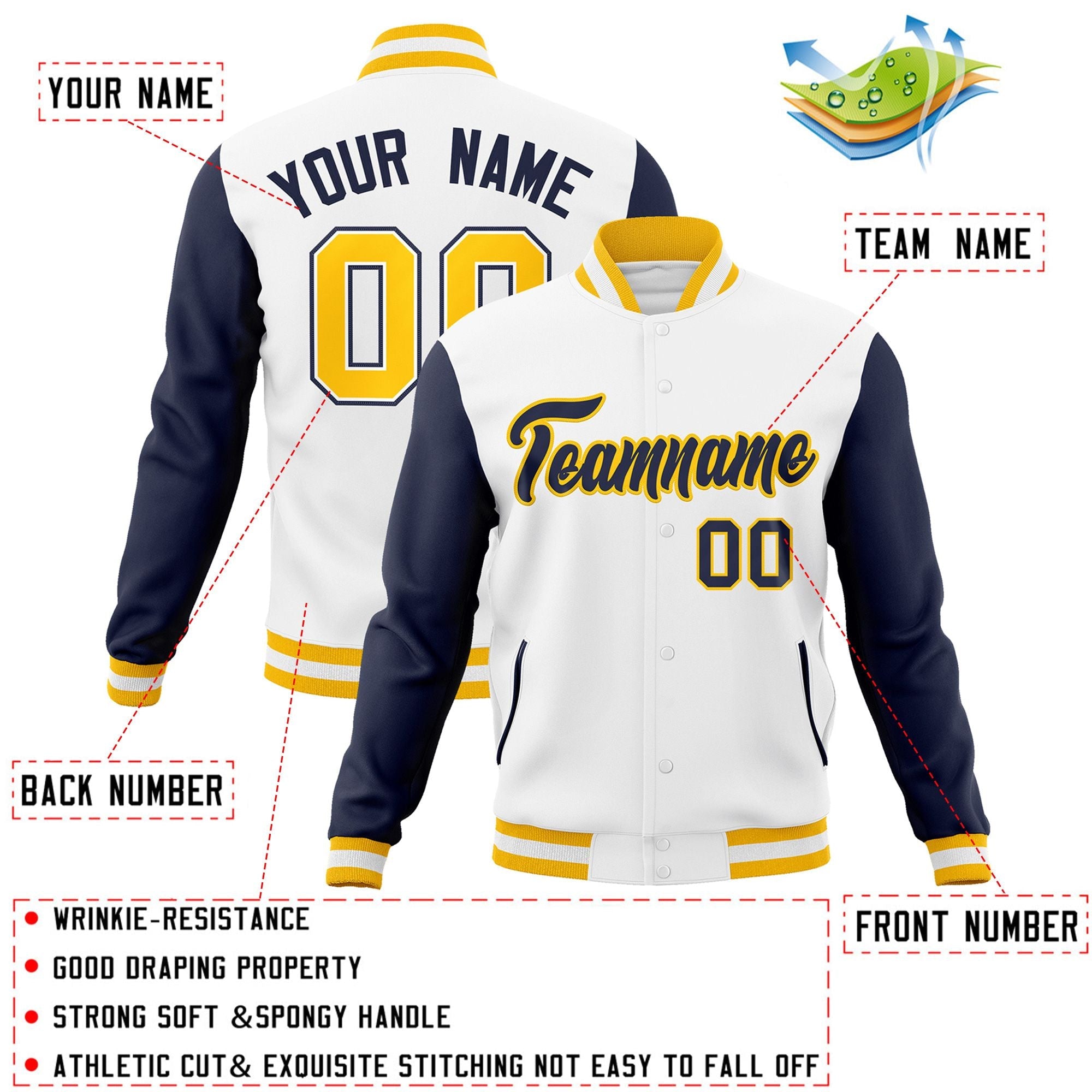 Veste Letterman Varsity à manches raglan blanches et dorées personnalisées