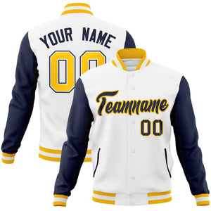 Custom White Navy-Gold Raglan Sleeves Varsity Full-Snap Letterman Jacket