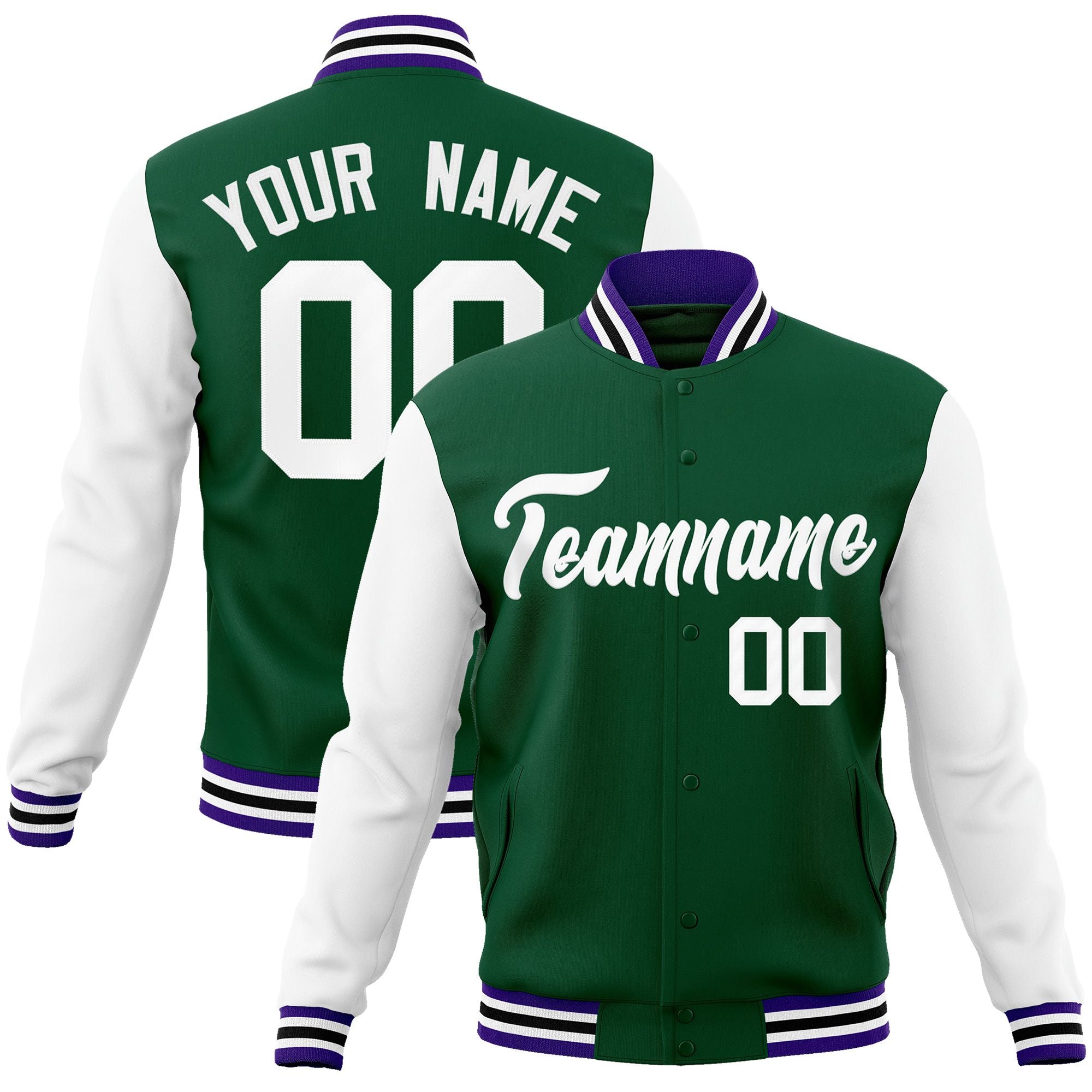 Custom Green White Raglan Sleeves Varsity Full-Snap Letterman Jacket