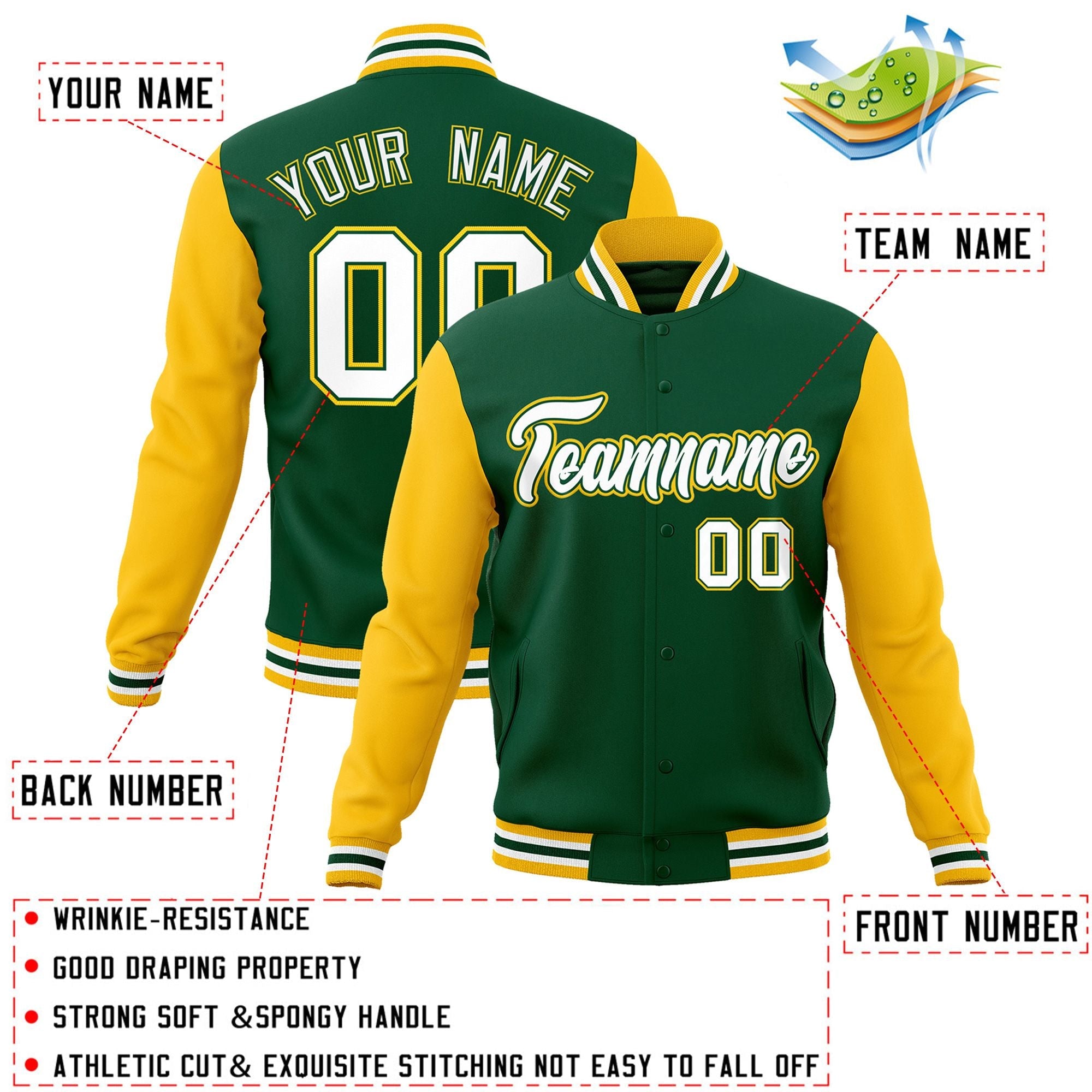 Veste Letterman Varsity Full-Snap à manches raglan personnalisées vert blanc-vert