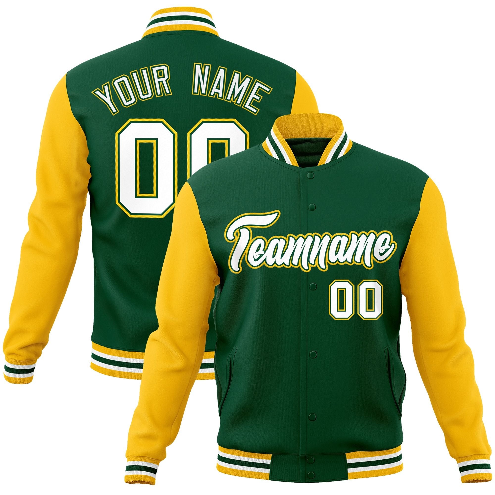 Custom Green White-Green Raglan Sleeves Varsity Full-Snap Letterman Jacket