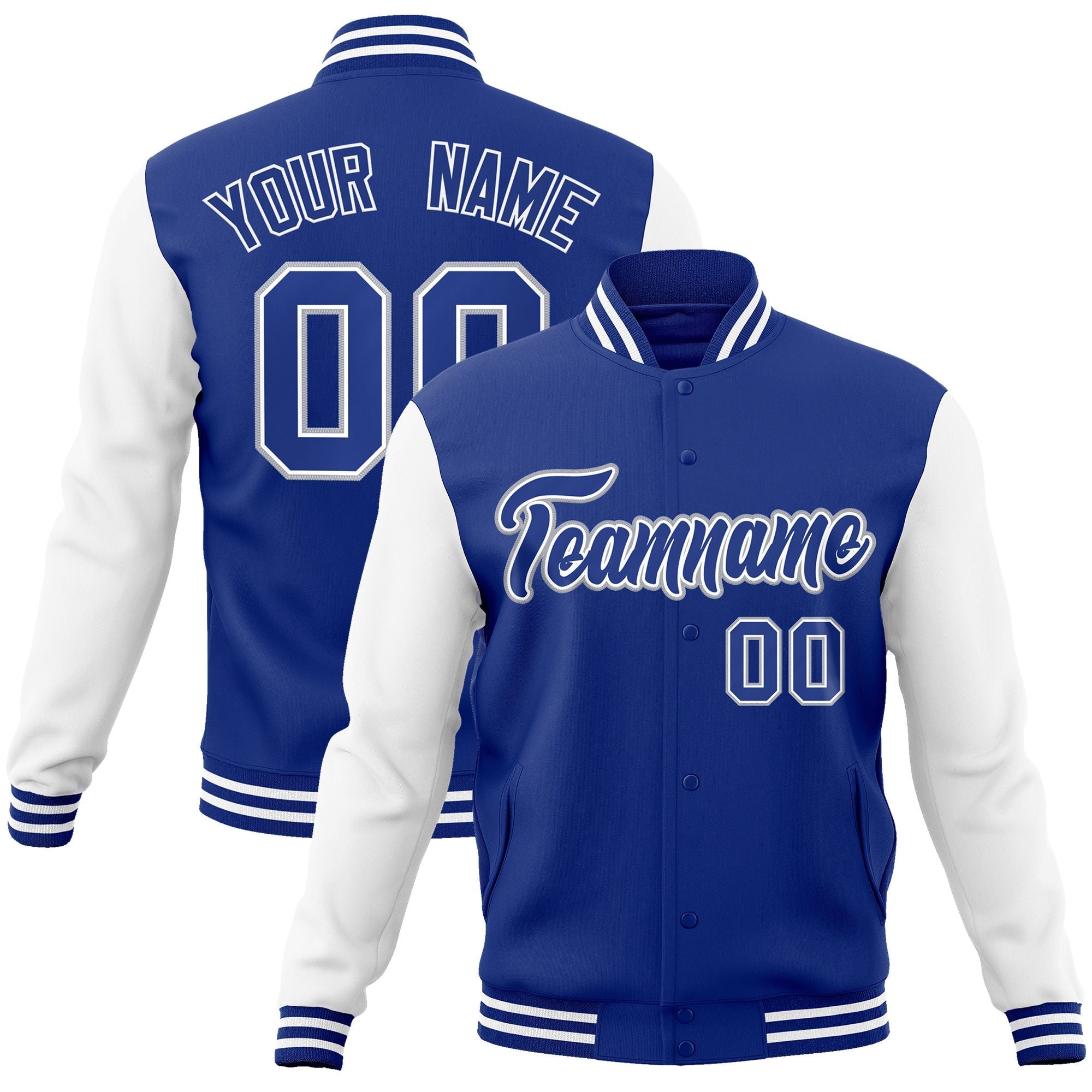 Custom Royal Royal-White Raglan Sleeves Varsity Full-Snap Letterman Jacket