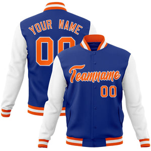 Custom Royal Orange-White Raglan Sleeves Varsity Full-Snap Letterman Jacket