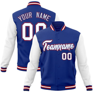 Custom Royal White-Royal Raglan Sleeves Varsity Full-Snap Letterman Jacket