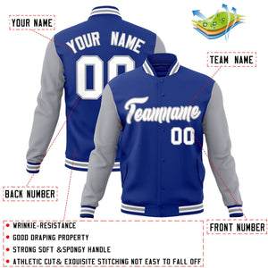 Veste Letterman Varsity Full-Snap personnalisée à manches raglan blanc-gris royal