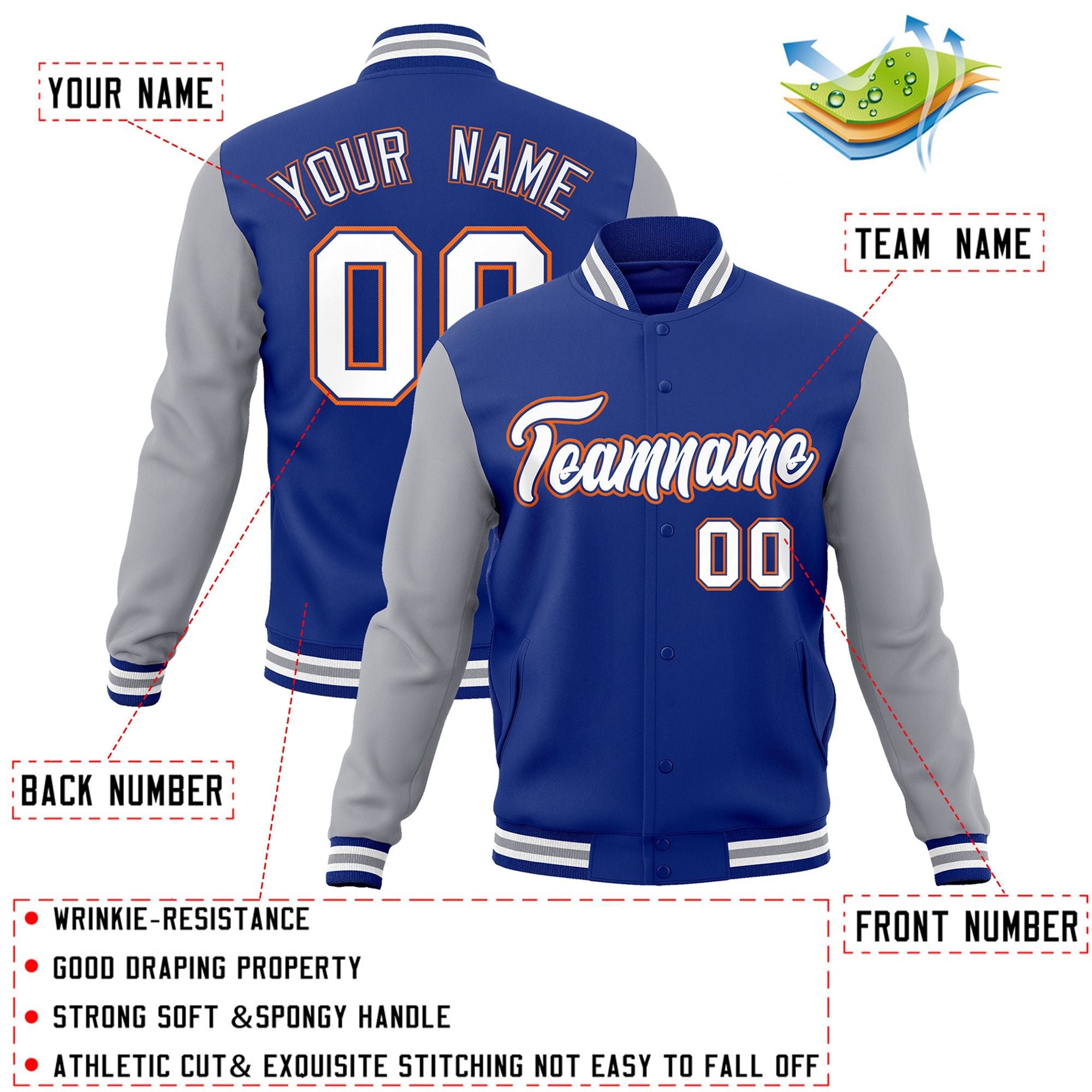 Custom Royal White-Royal Raglan Sleeves Varsity Full-Snap Letterman Jacket