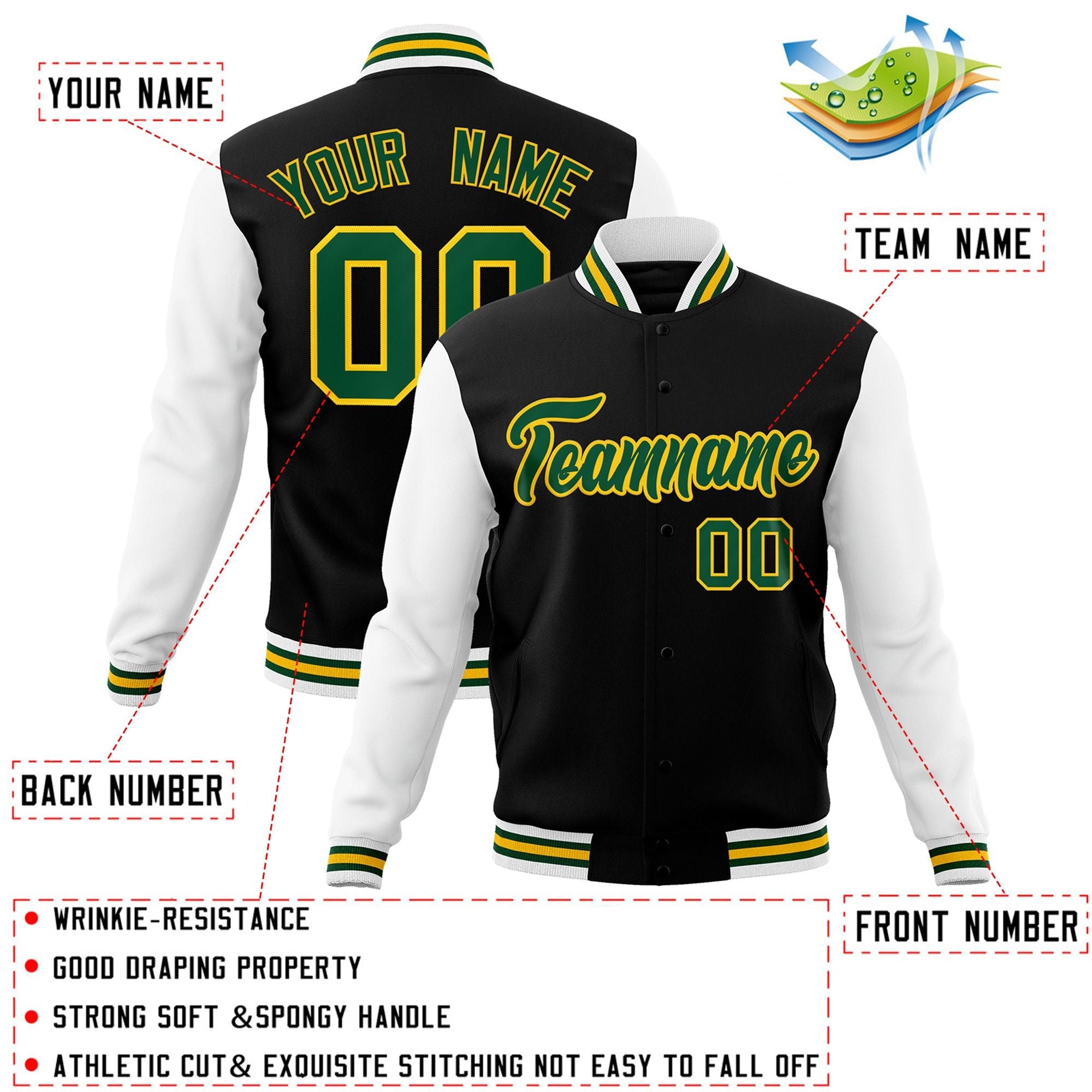 Custom Black Green-Gold Raglan Sleeves Varsity Full-Snap Letterman Jacket