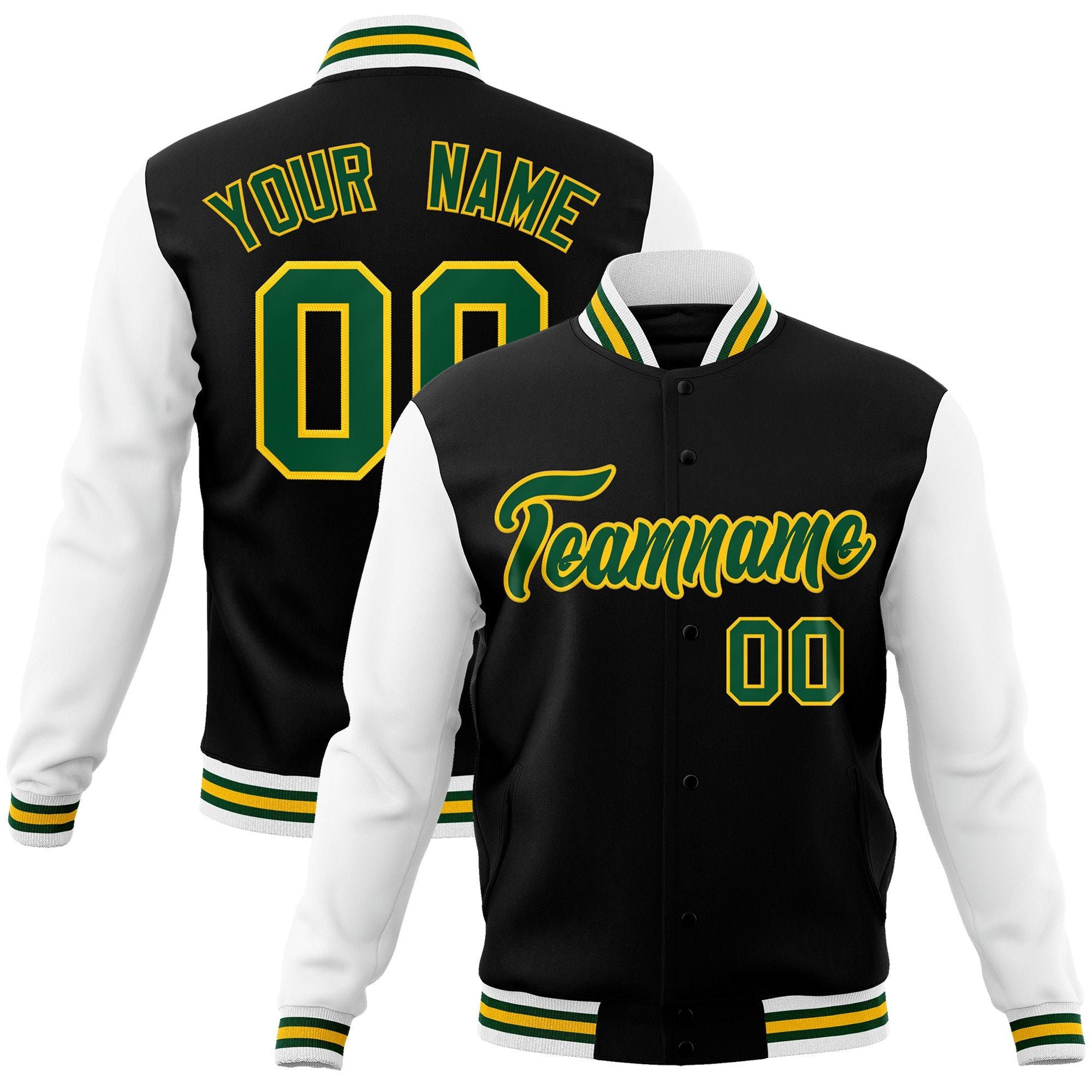 Custom Black Green-Gold Raglan Sleeves Varsity Full-Snap Letterman Jacket