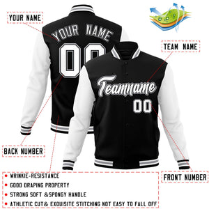 Custom Black White-Black Raglan Sleeves Varsity Full-Snap Letterman Jacket