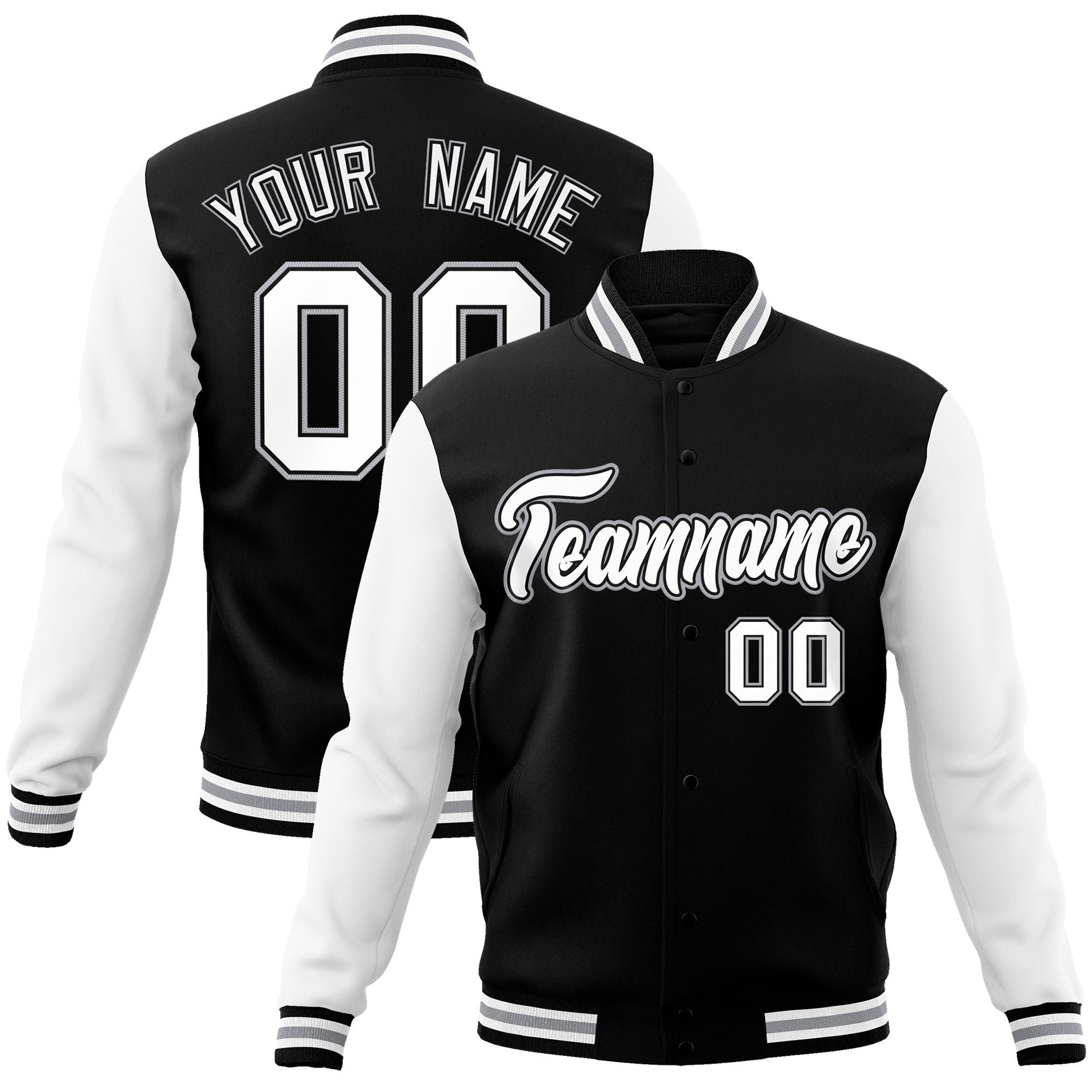 Custom Black White-Black Raglan Sleeves Varsity Full-Snap Letterman Jacket