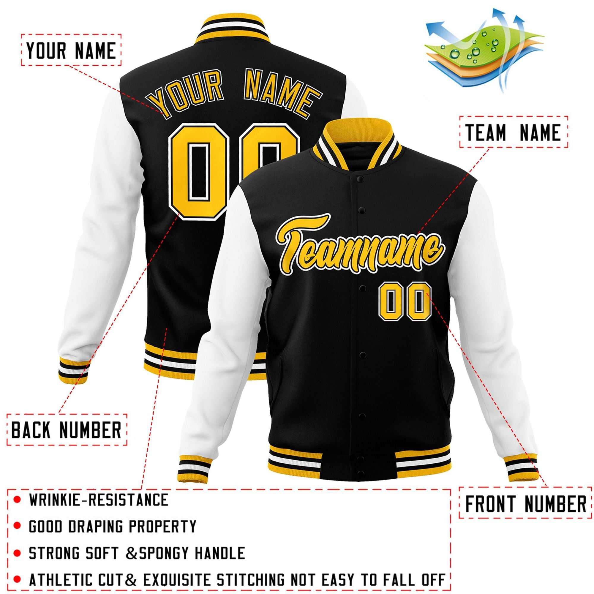 Custom Black Gold-Black Raglan Sleeves Varsity Full-Snap Letterman Jacket