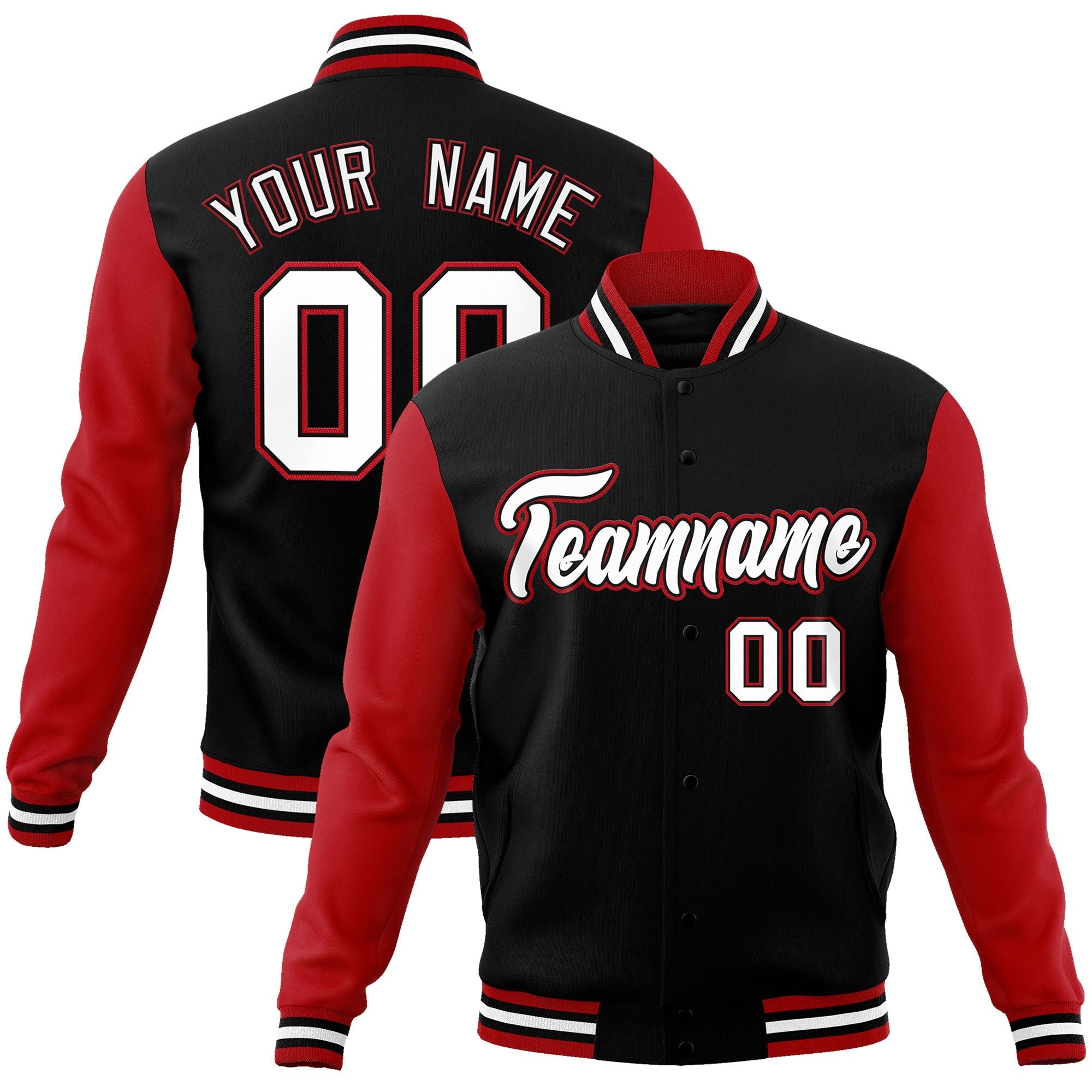 Custom Black White-Black Raglan Sleeves Varsity Full-Snap Letterman Jacket