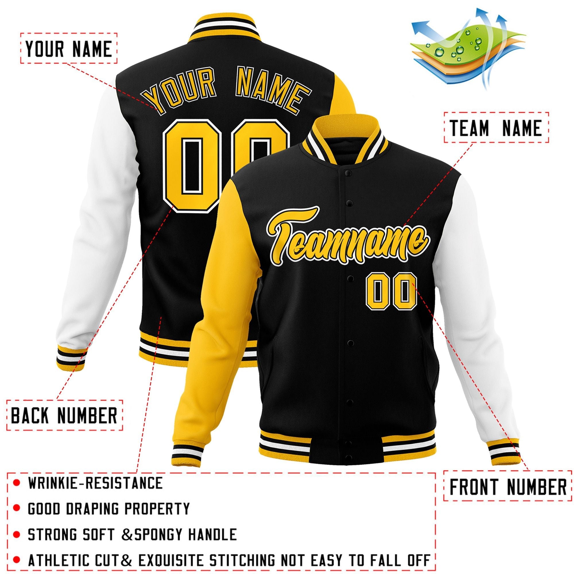 Custom Black Gold-Black Raglan Sleeves Varsity Full-Snap Letterman Jacket