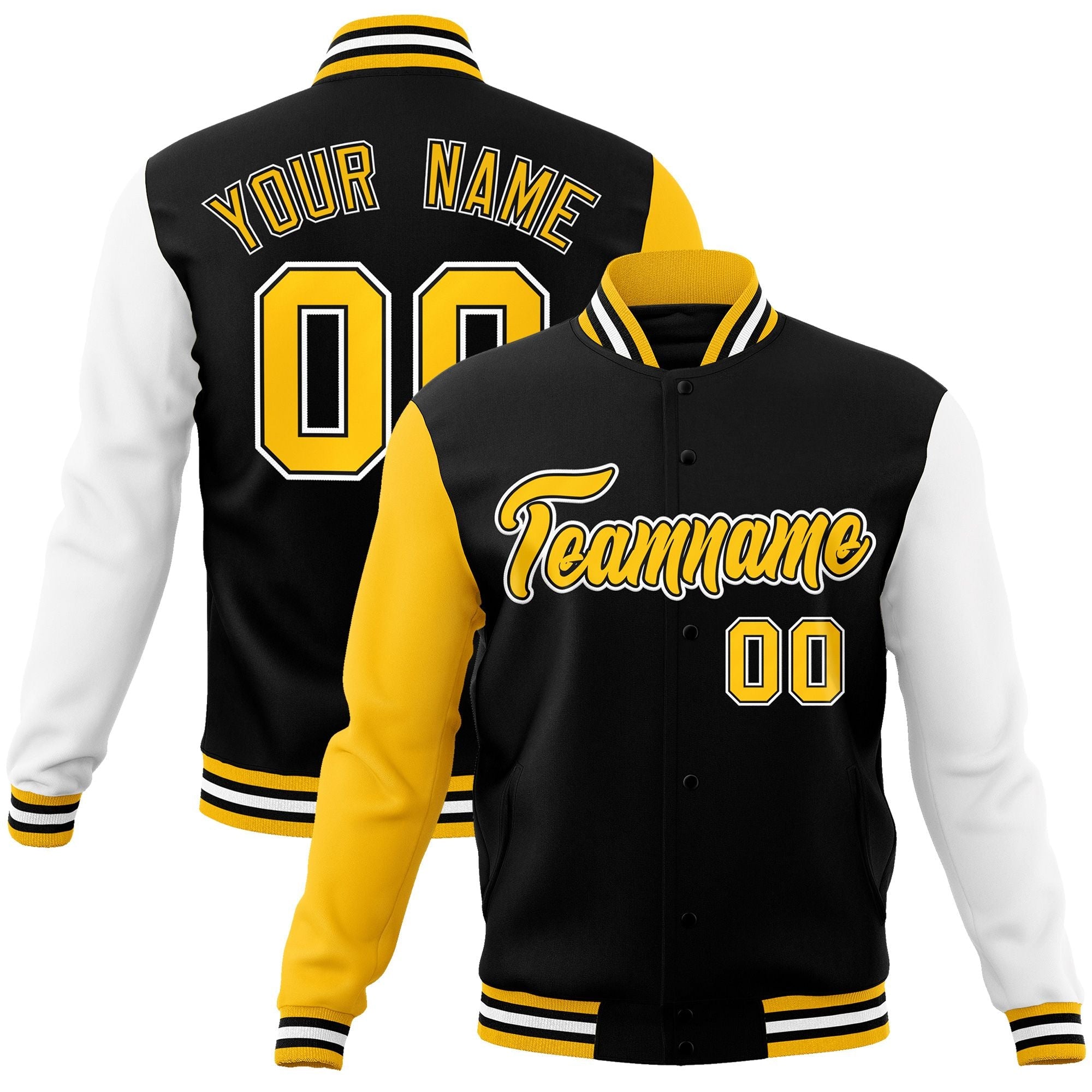 Custom Black Gold-Black Raglan Sleeves Varsity Full-Snap Letterman Jacket