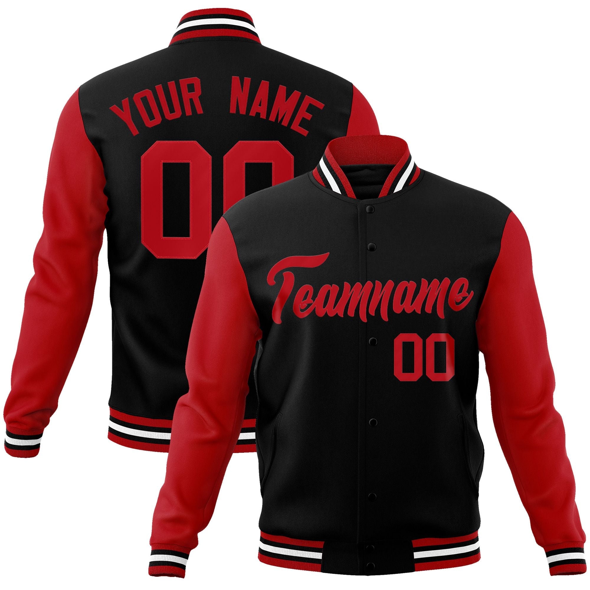 Custom Black Red Raglan Sleeves Varsity Full-Snap Letterman Jacket