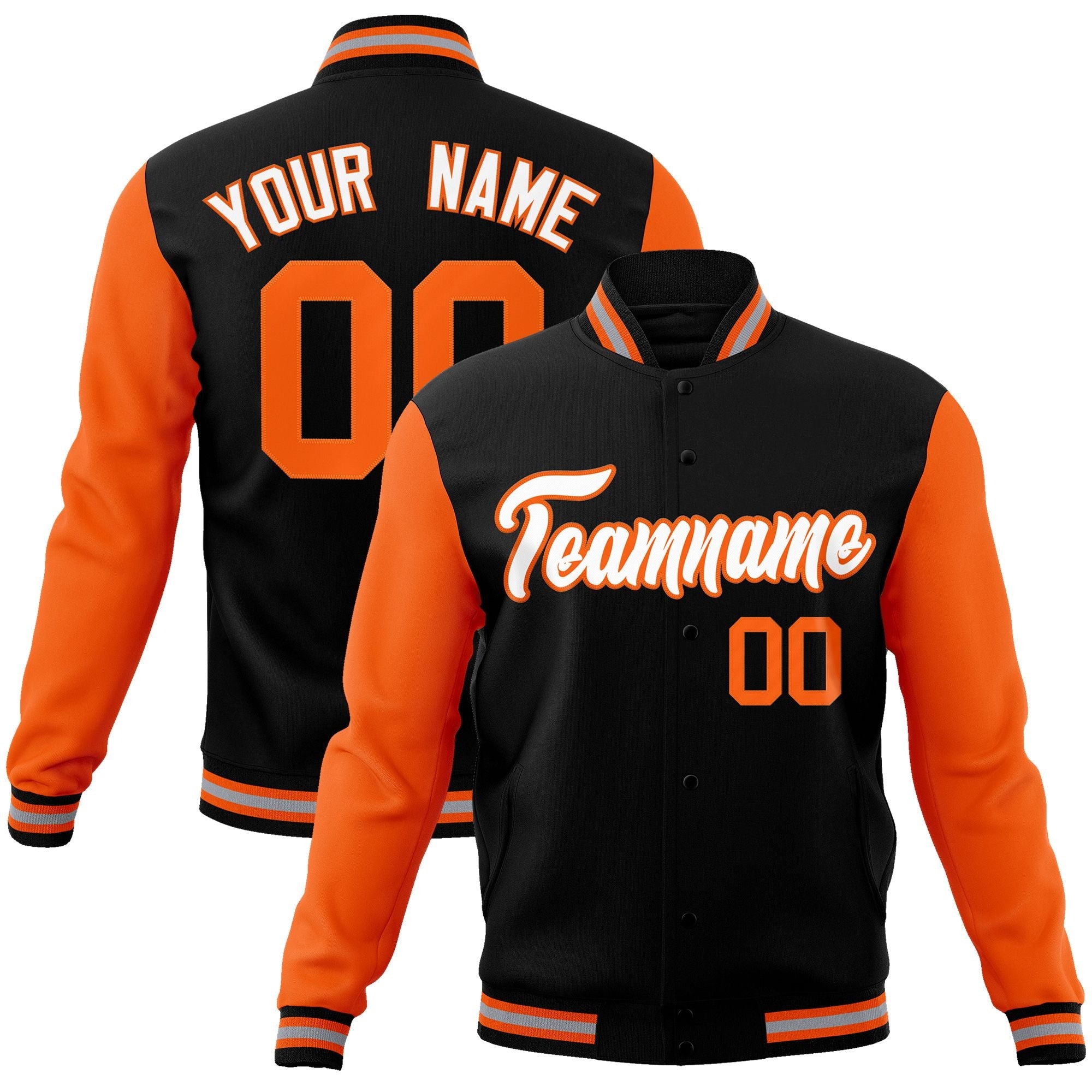 Custom Black White-Orange Raglan Sleeves Varsity Full-Snap Letterman Jacket