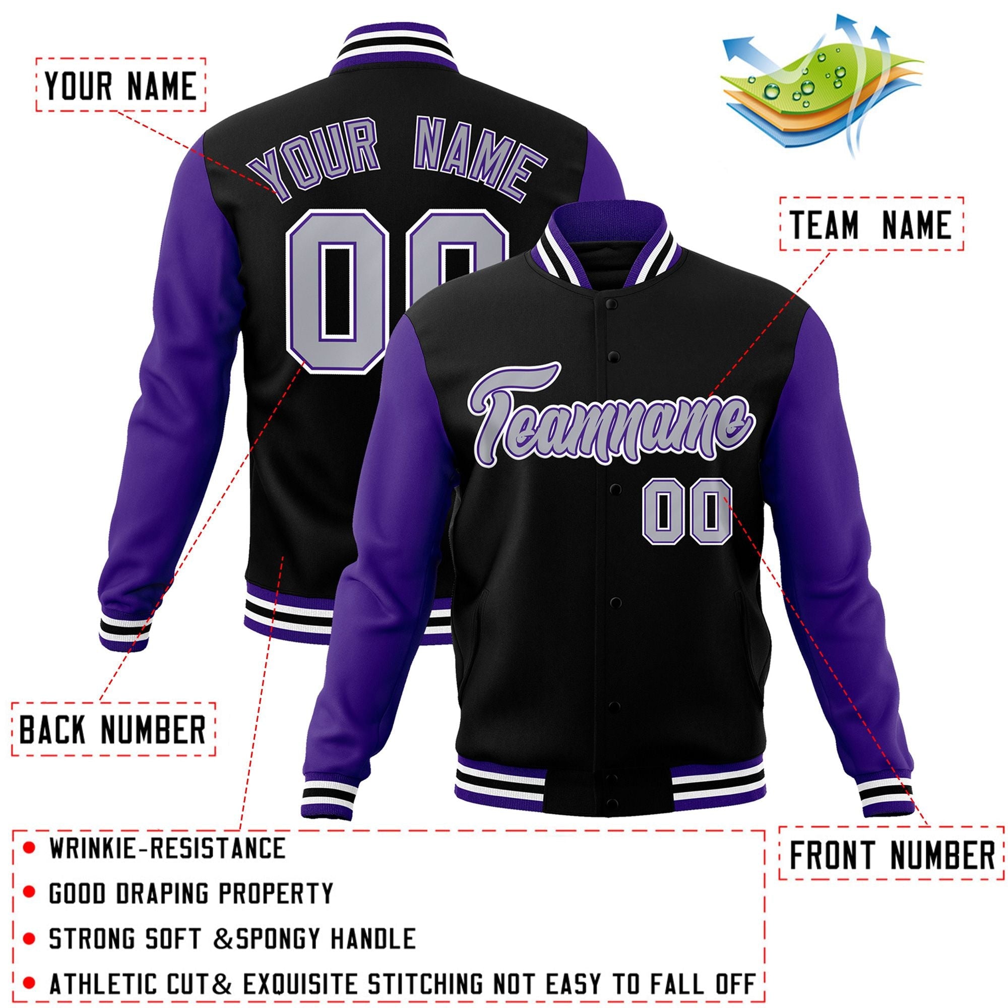 Custom Black Gray-Purple Raglan Sleeves Varsity Full-Snap Letterman Jacket