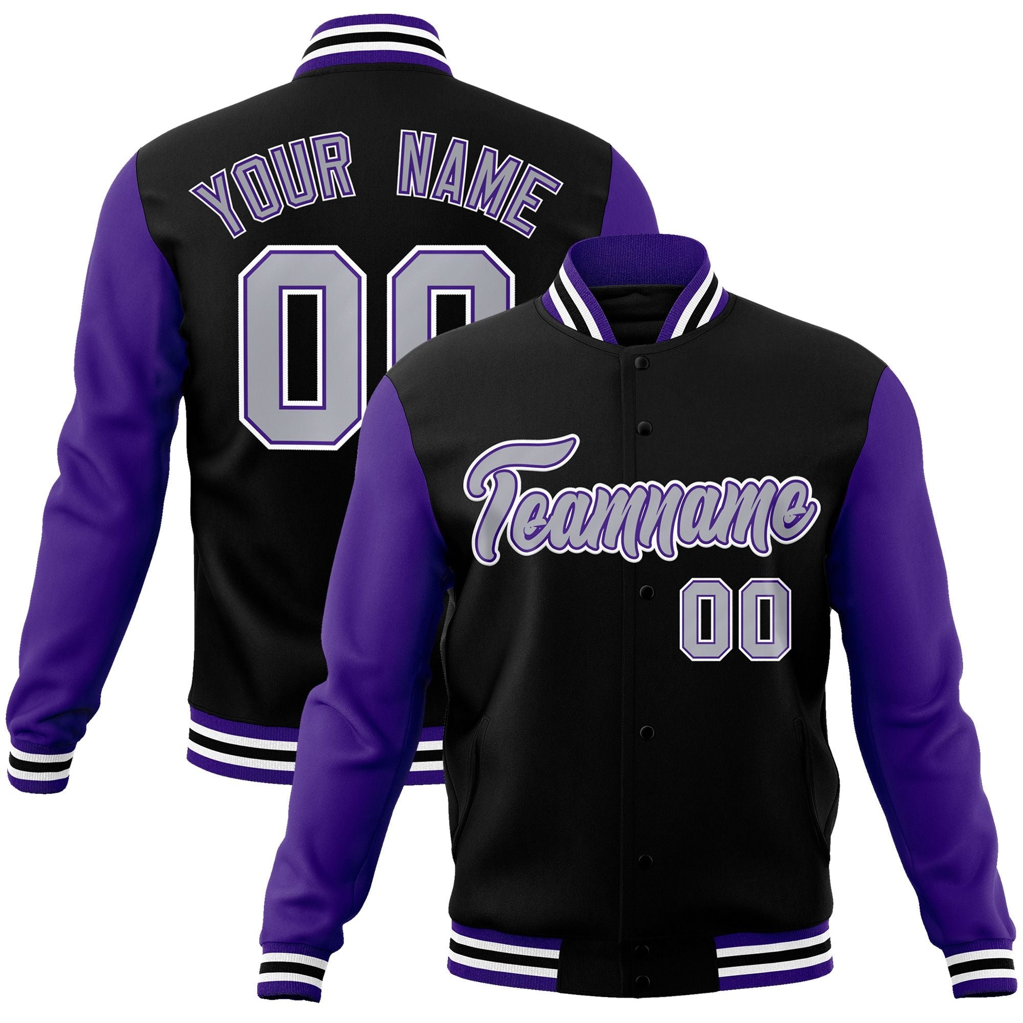 Custom Black Gray-Purple Raglan Sleeves Varsity Full-Snap Letterman Jacket