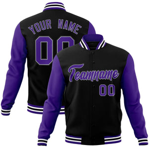 Custom Black Purple-White Raglan Sleeves Varsity Full-Snap Letterman Jacket