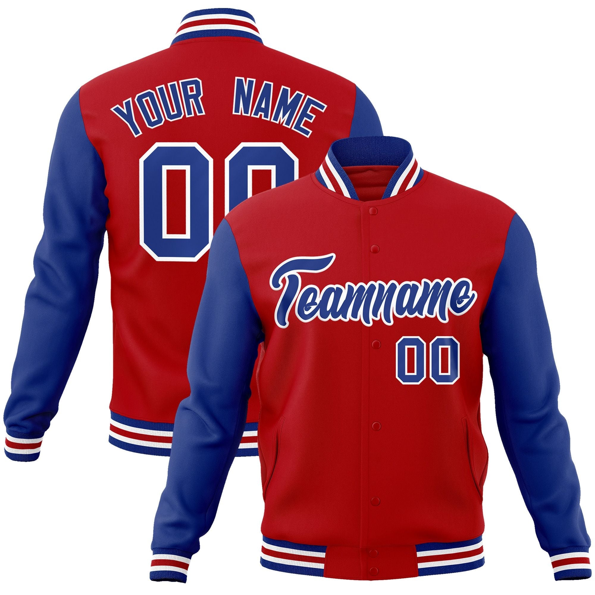 Custom Red Royal-White Raglan Sleeves Varsity Full-Snap Letterman Jacket