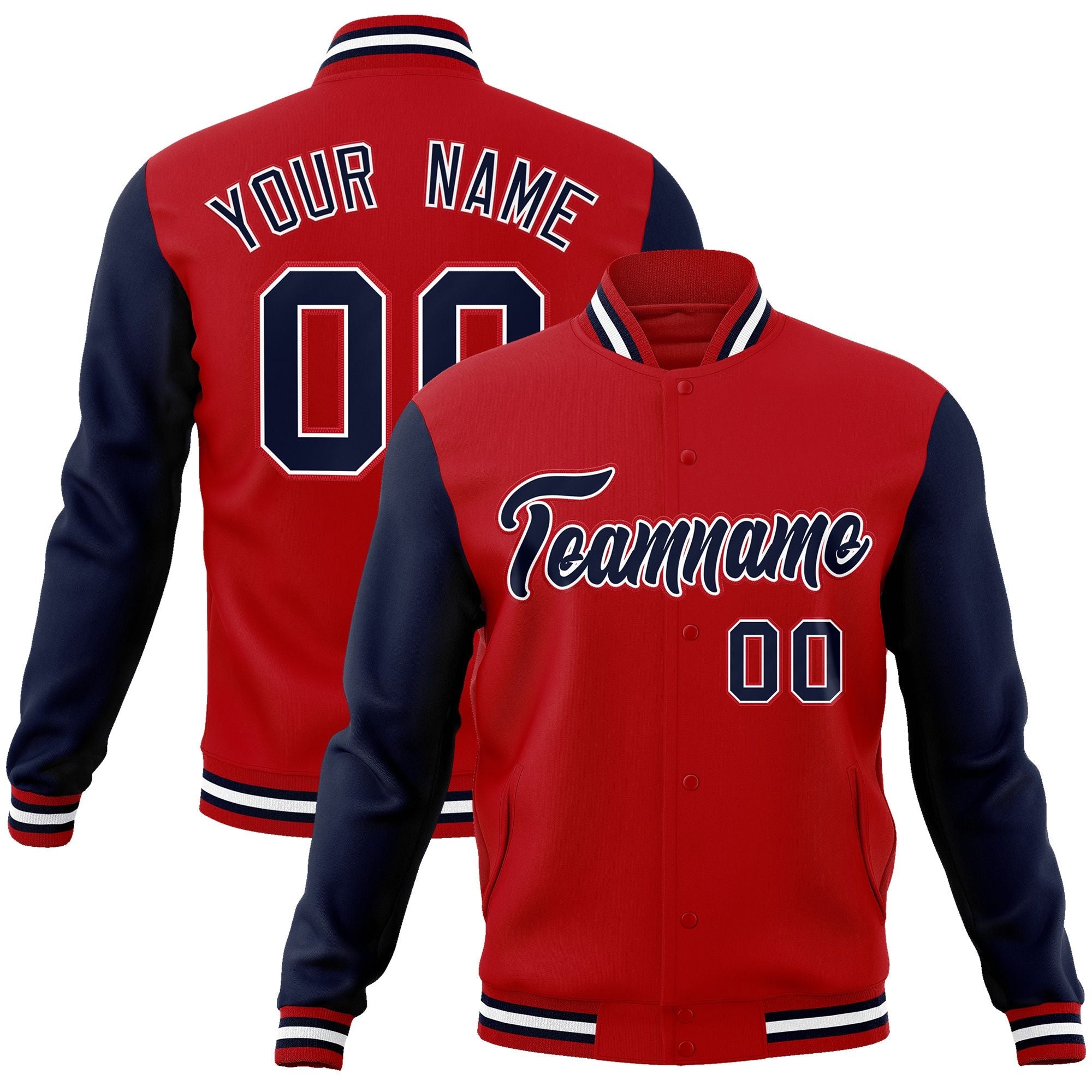 Custom Red Navy-White Raglan Sleeves Varsity Full-Snap Letterman Jacket