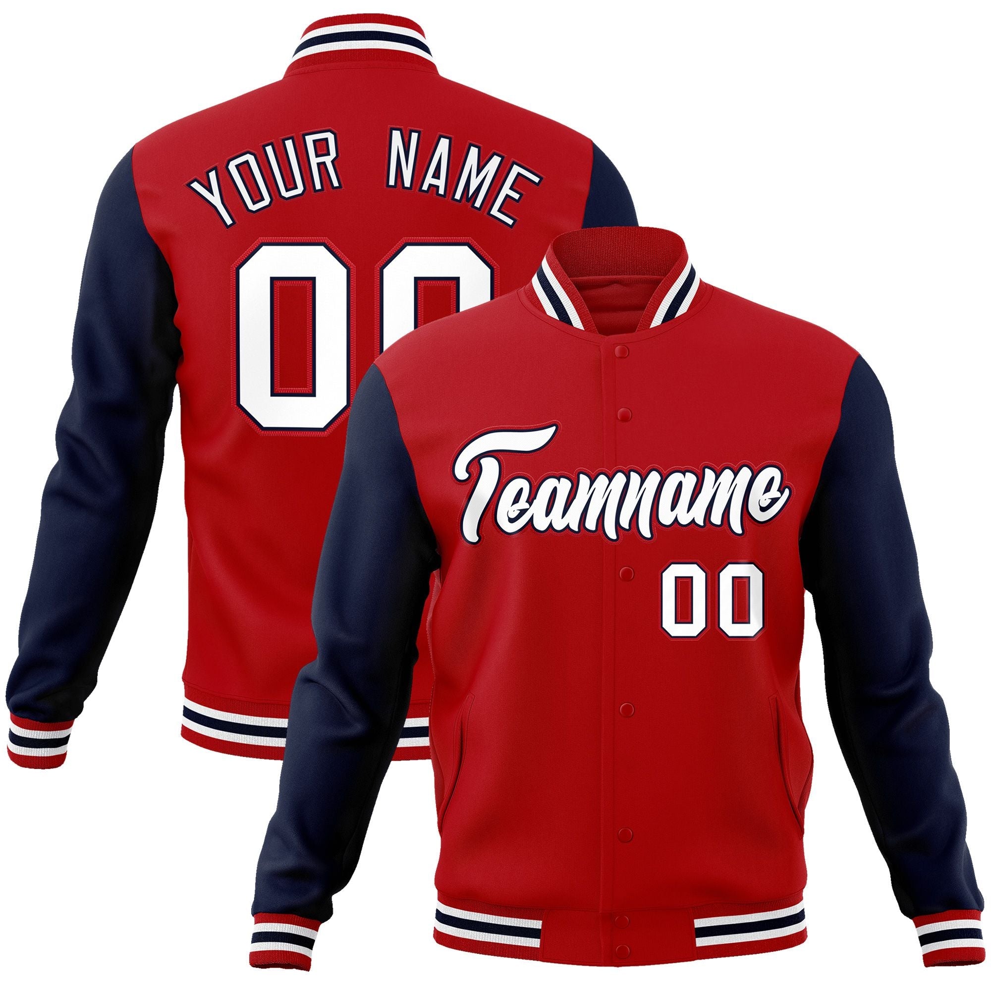 Custom Red White-Navy Raglan Sleeves Varsity Full-Snap Letterman Jacket