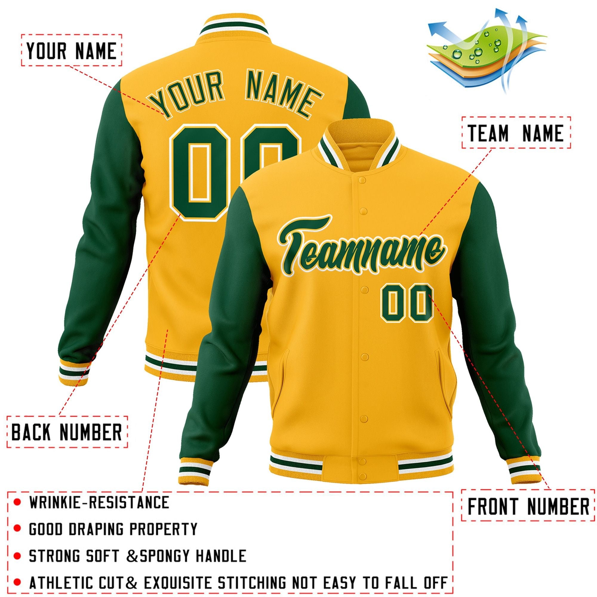 Veste Letterman Varsity Full-Snap à manches raglan personnalisées or vert-or