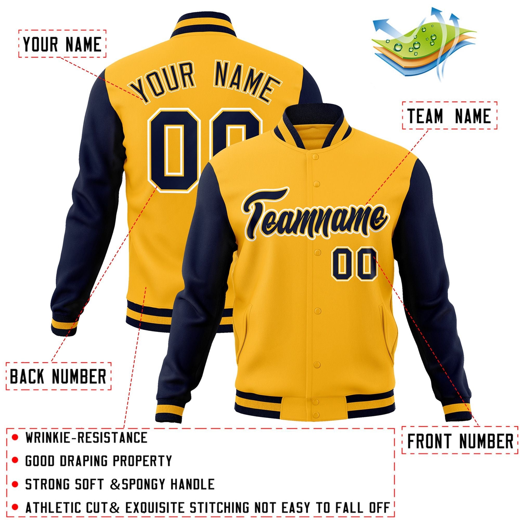 Veste Letterman Varsity Full-Snap Custom Gold Navy-Gold à manches raglan