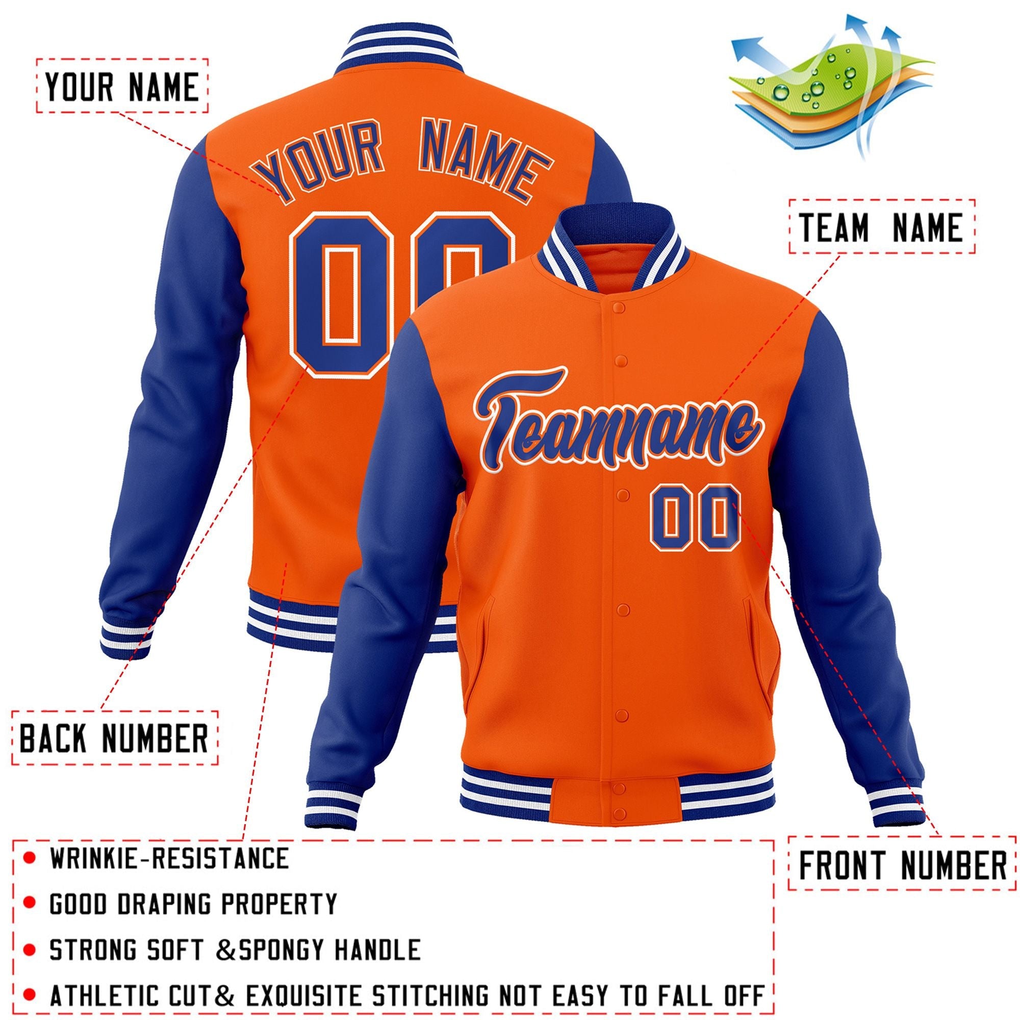 Custom Orange Royal-Orange Raglan Sleeves Varsity Full-Snap Letterman Jacket