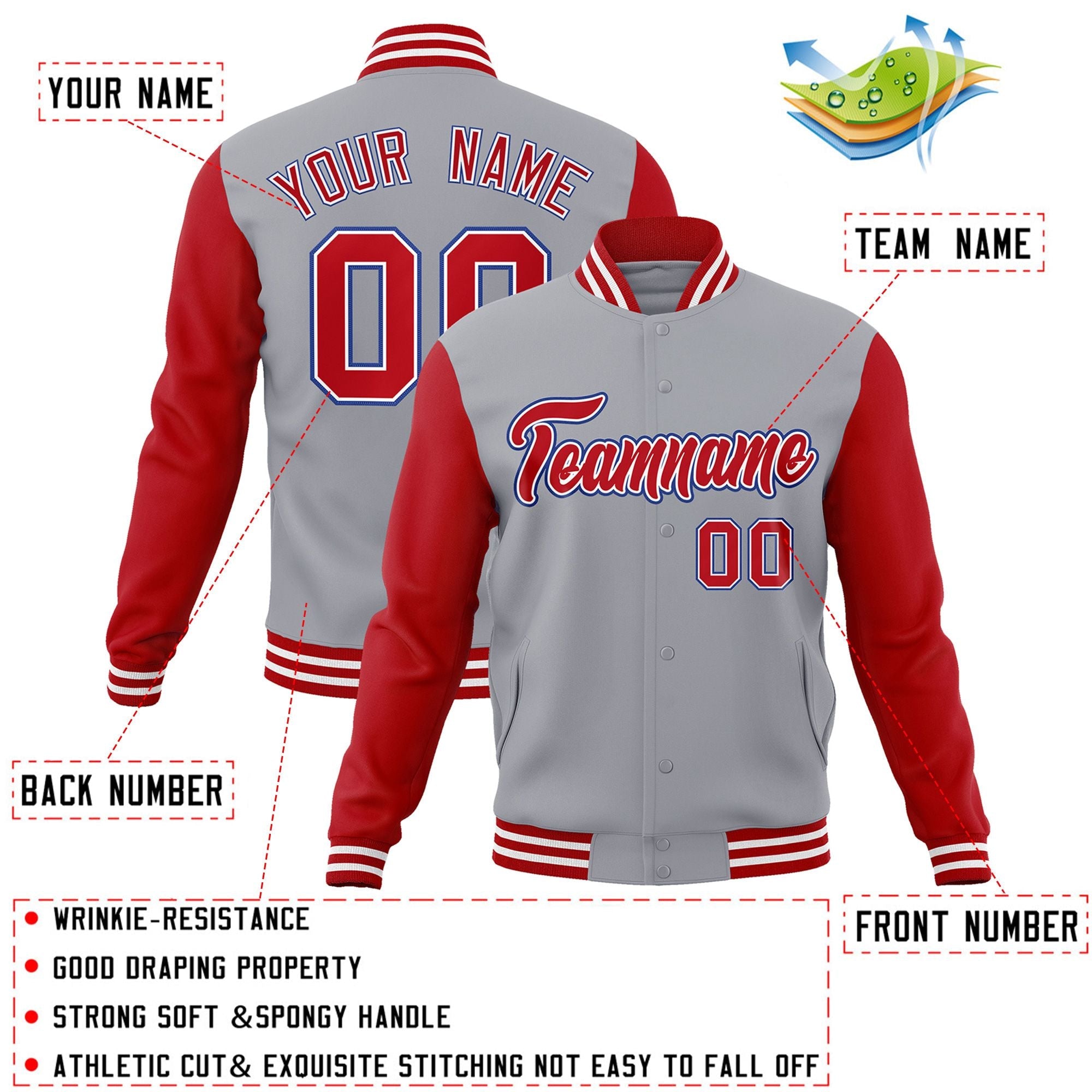 Veste Letterman Varsity Full-Snap à manches raglan personnalisées gris rouge-blanc