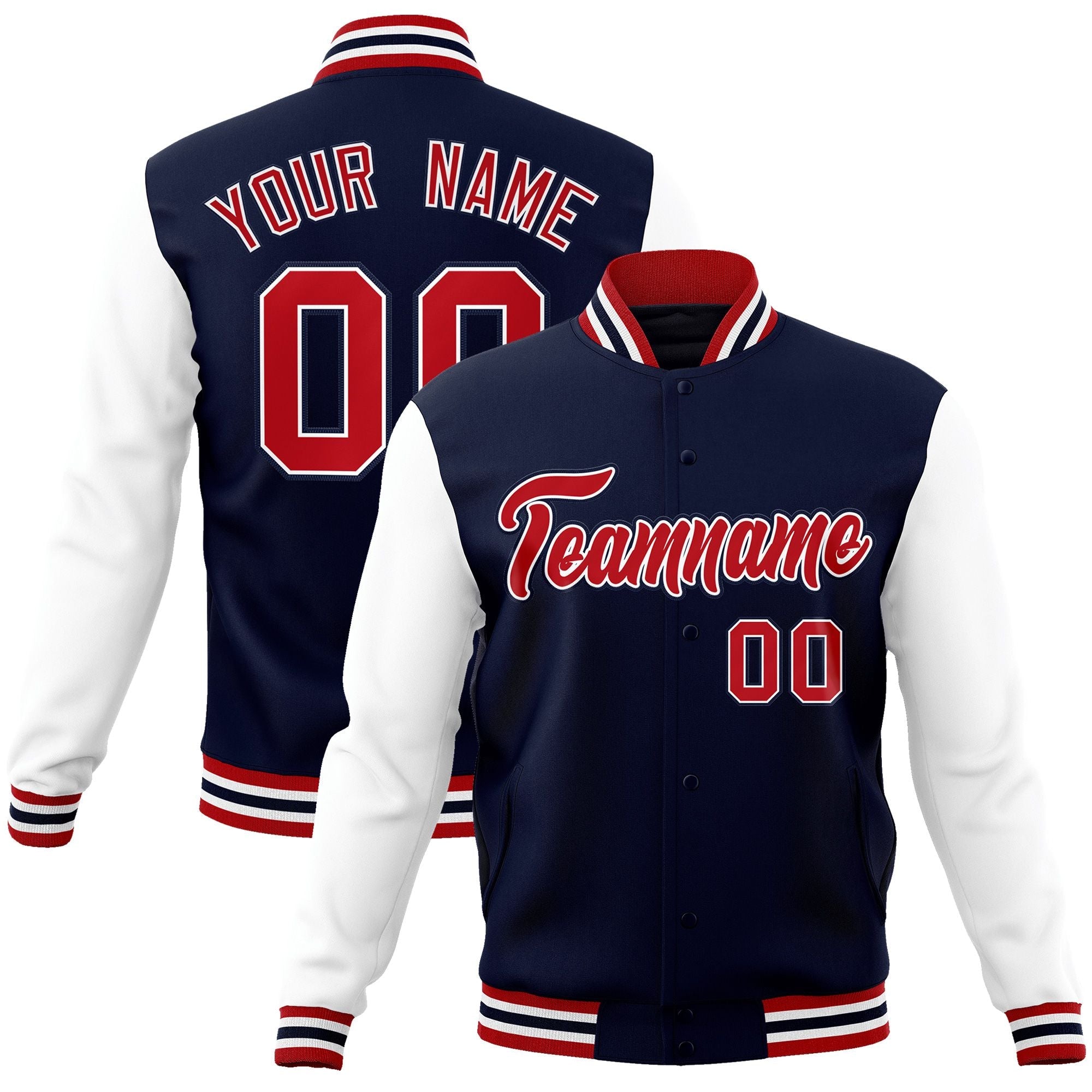 Custom Navy Red-White Raglan Sleeves Varsity Full-Snap Letterman Jacket