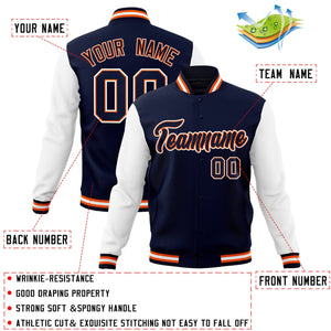 Veste Letterman Varsity Full-Snap à manches raglan bleu marine-orange personnalisée