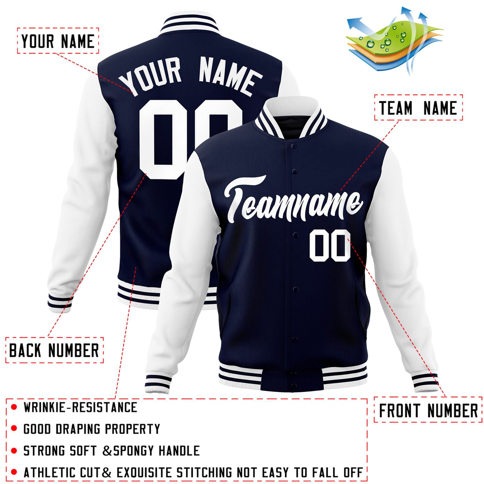 Custom Navy White Raglan Sleeves Varsity Full-Snap Letterman Jacket