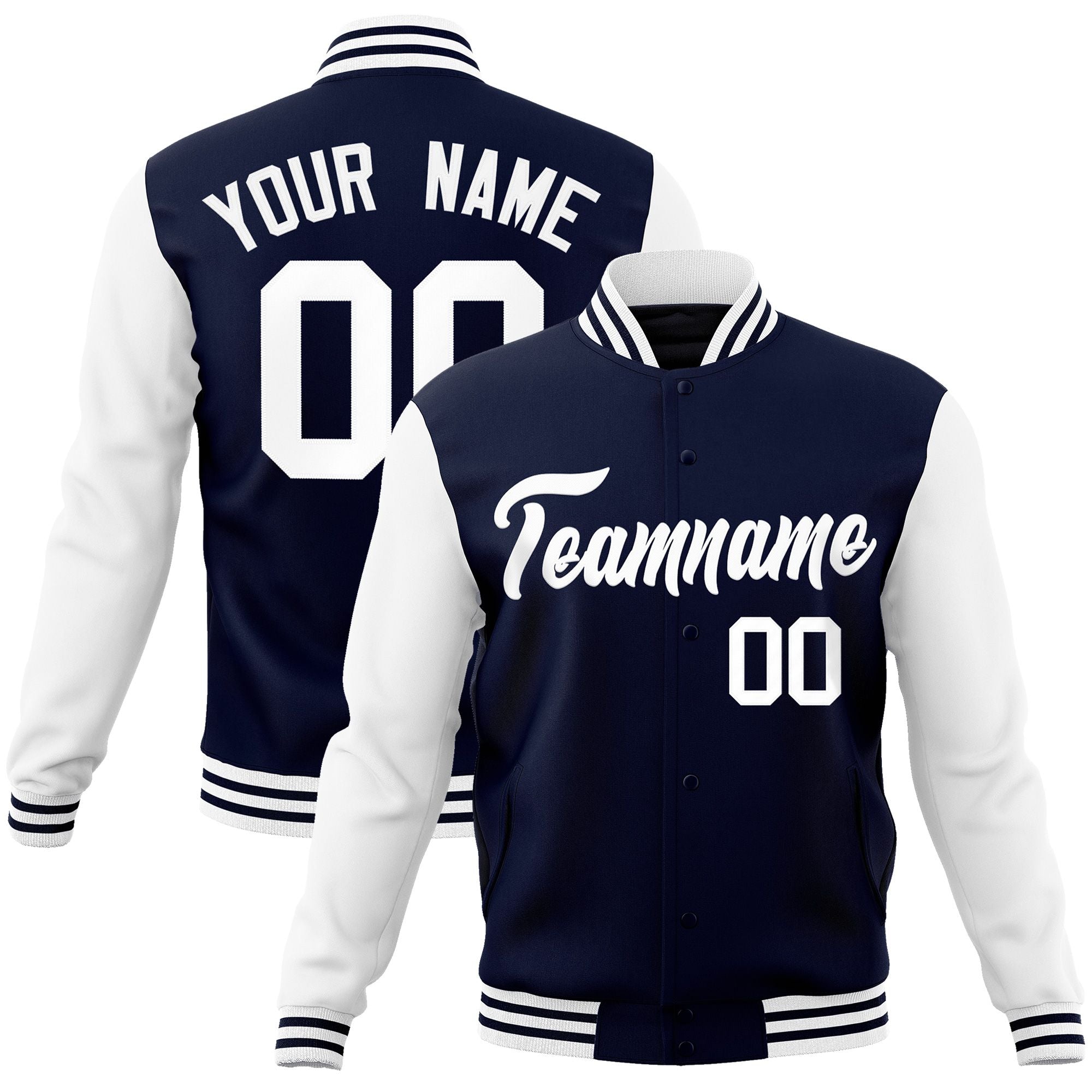 Custom Navy White Raglan Sleeves Varsity Full-Snap Letterman Jacket