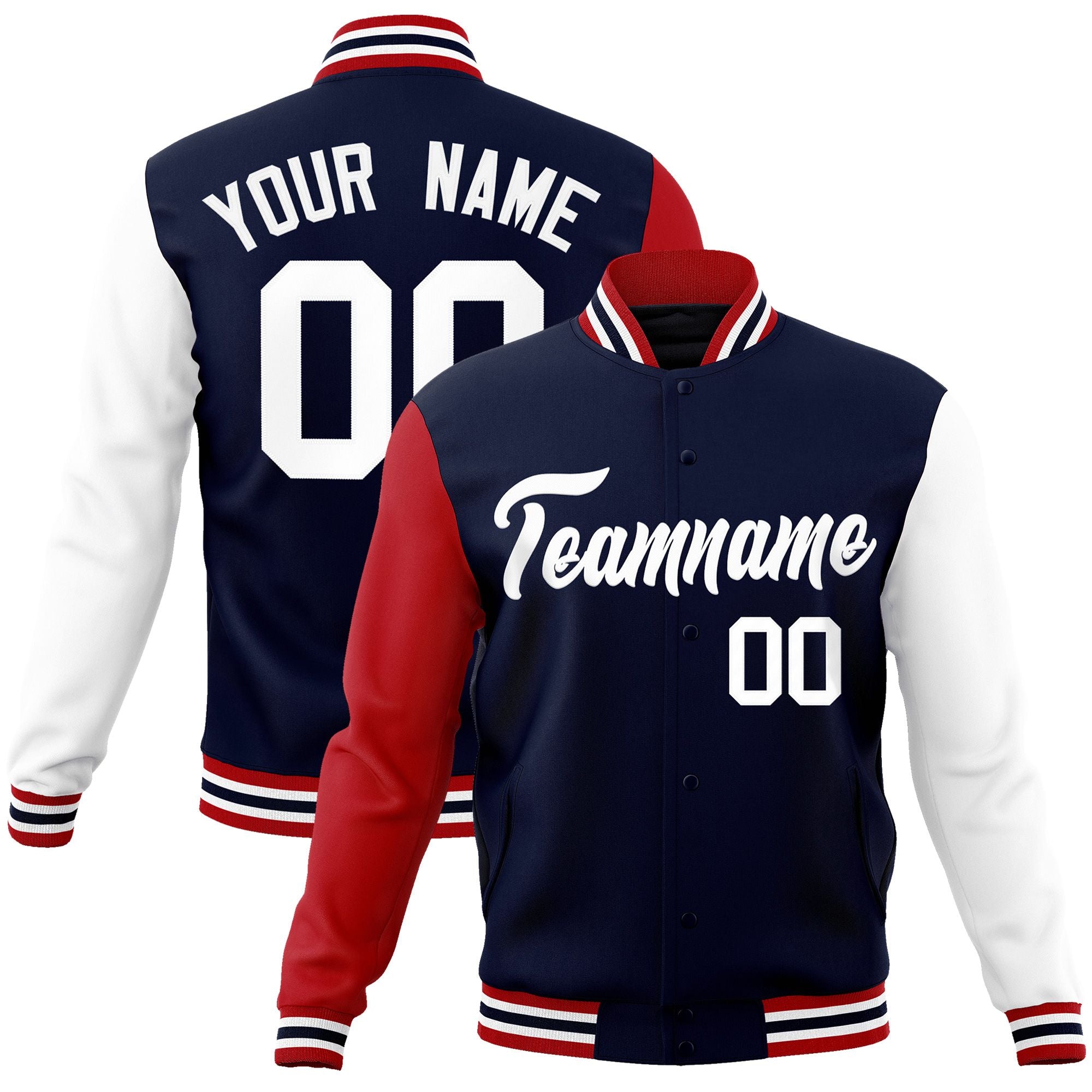 Custom Navy White Raglan Sleeves Varsity Full-Snap Letterman Jacket